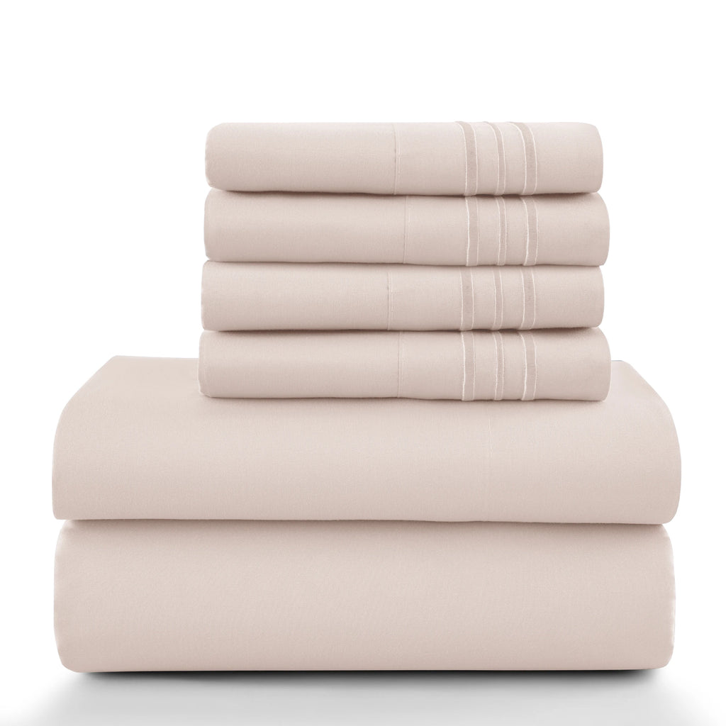 Lux Décor 6Pc Solid Sheet Set – Brushed Microfiber, 16" Deep Pockets, with Embroidered & Plain Pillowcases