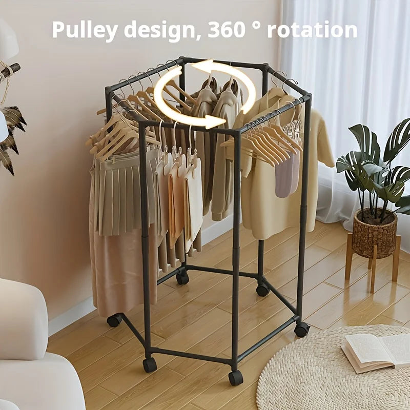 Hexagonal rotating clothes hanger, self-supporting vertical clothing hanger, suitable for laundry rooms and home storage to save