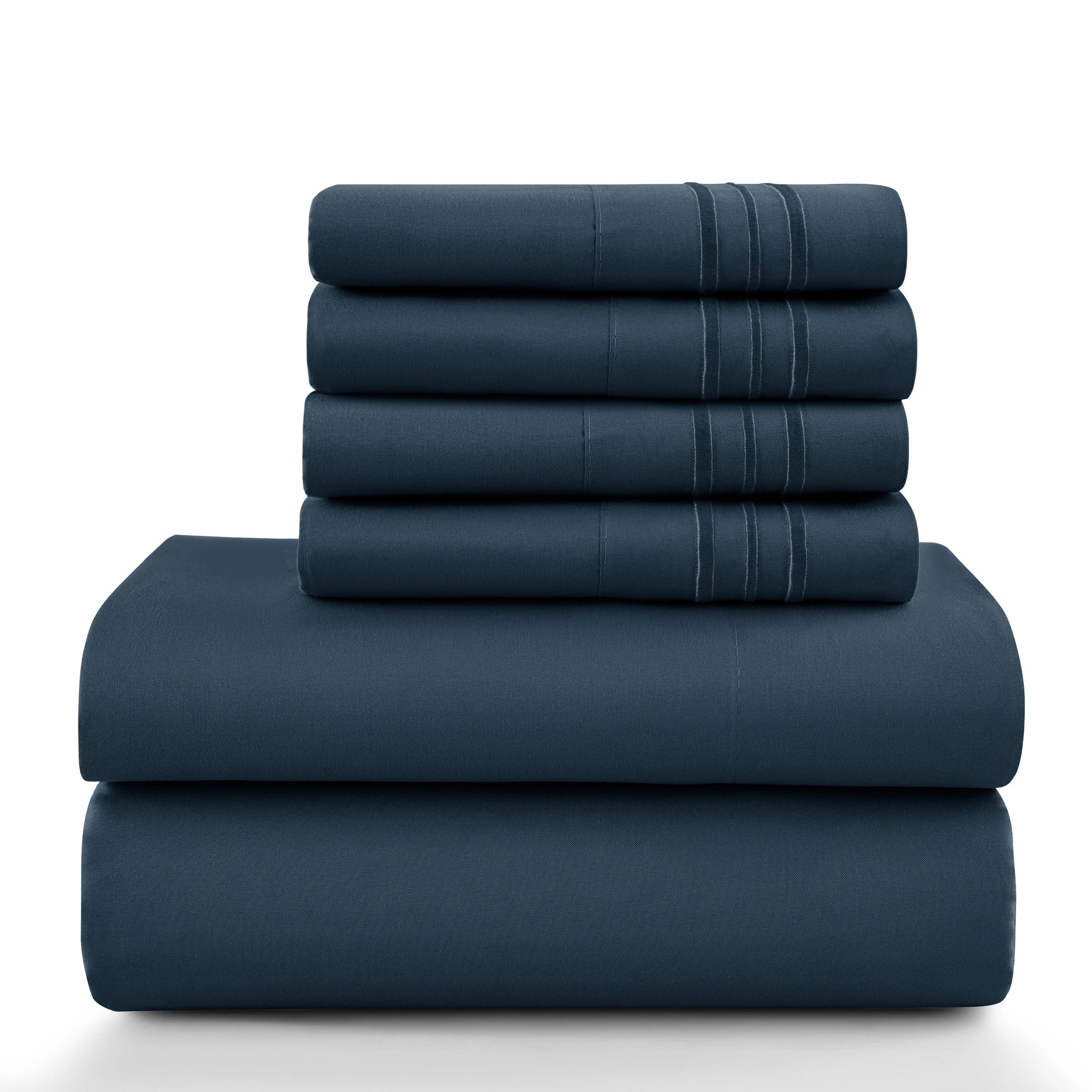 Lux Décor 6Pc Solid Sheet Set – Brushed Microfiber, 16" Deep Pockets, with Embroidered & Plain Pillowcases