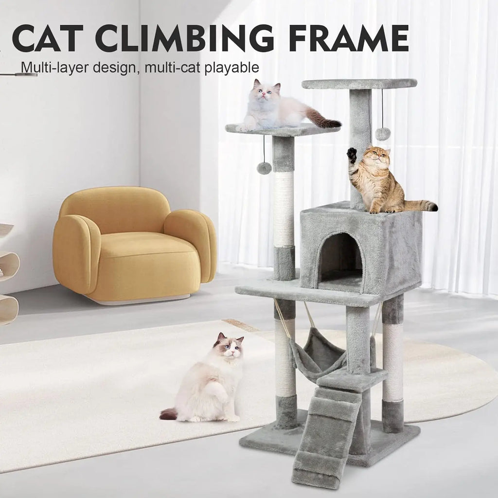 Cat Tree Tower，Cat Condo with Sisal Scratching Post,Activity Centre Cat Climbing Tree with Cat House Grey 120cm