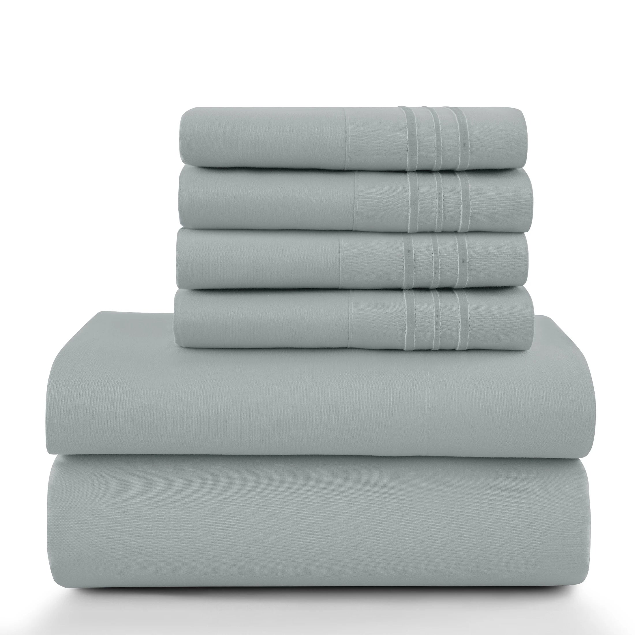 Lux Décor 6Pc Solid Sheet Set – Brushed Microfiber, 16" Deep Pockets, with Embroidered & Plain Pillowcases