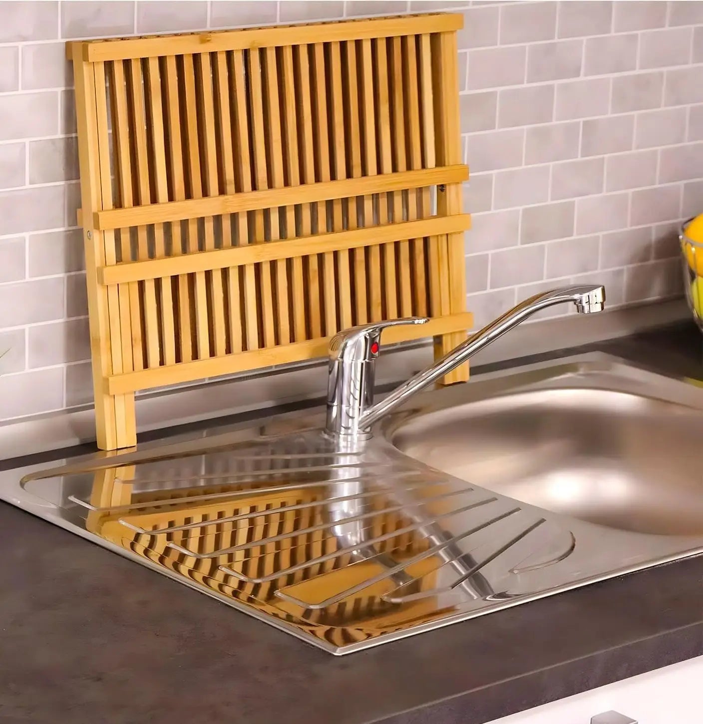 2-Tier Folding Dish Drainer Bamboo Practicality and Organization for Your Kitchen 34P X 42L X 25H Cm, Wood Color