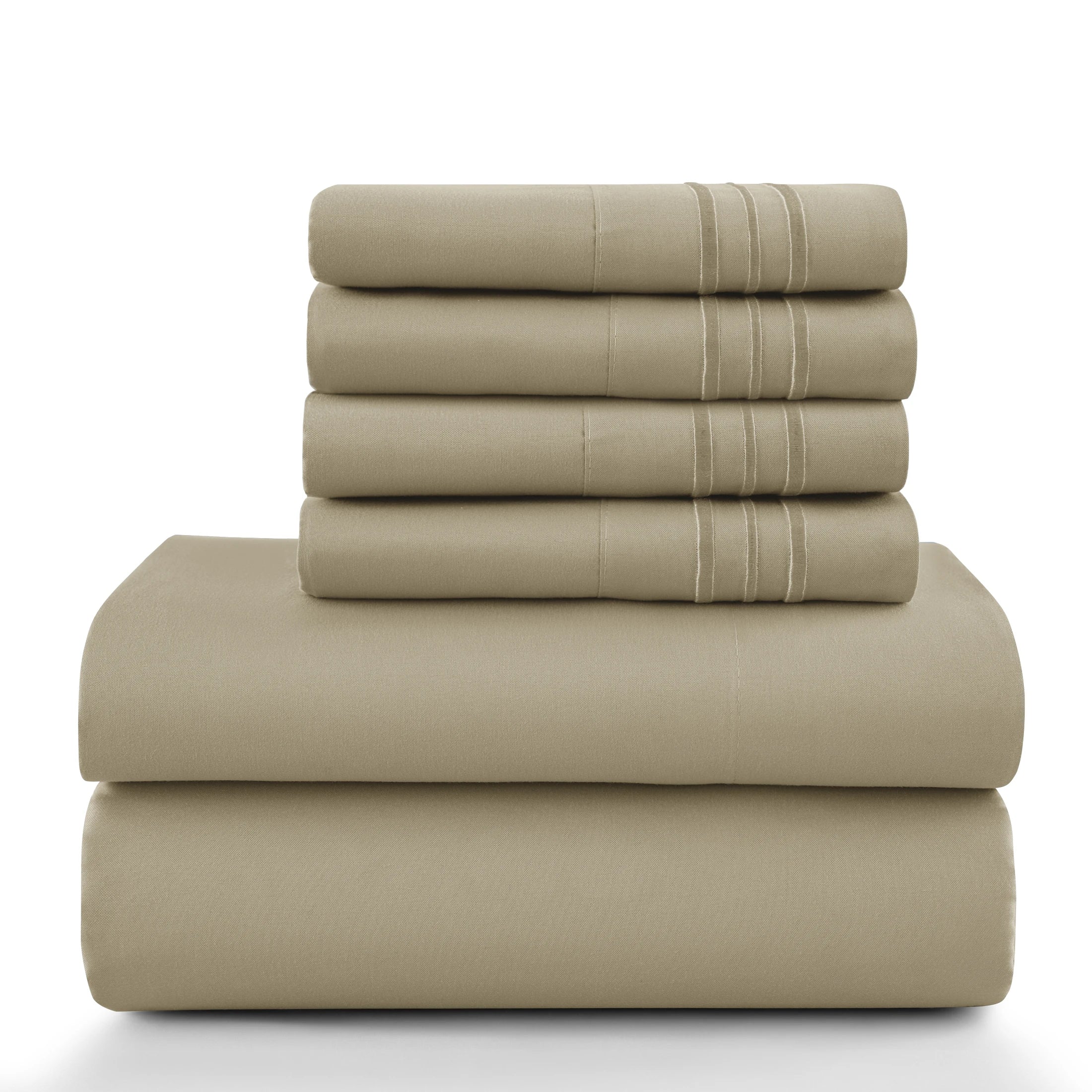 Lux Décor 6Pc Solid Sheet Set – Brushed Microfiber, 16" Deep Pockets, with Embroidered & Plain Pillowcases