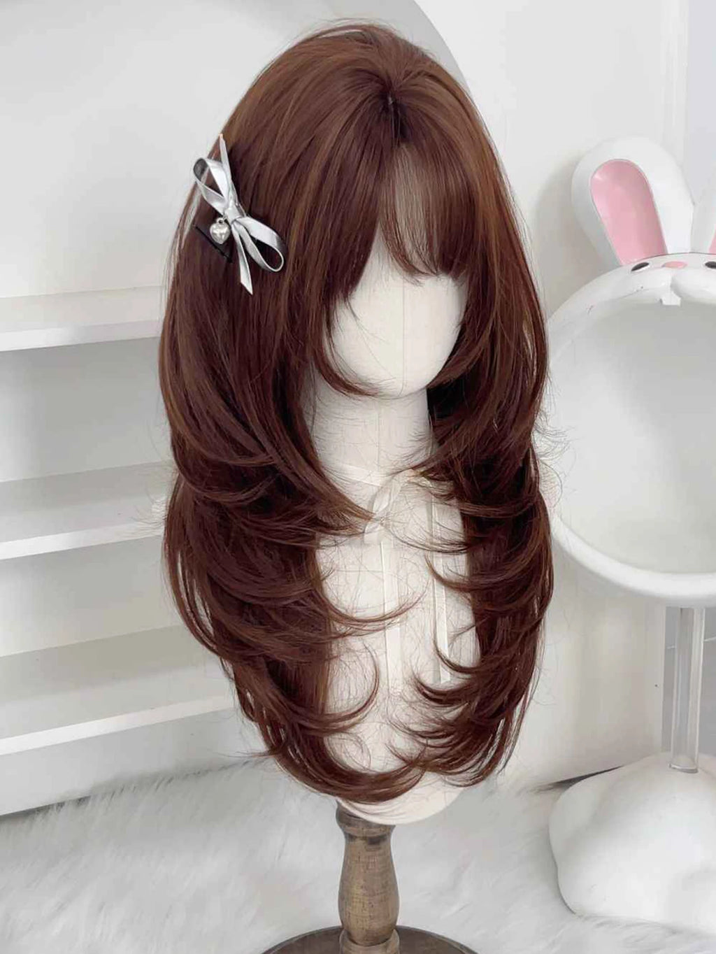 Synthetic Wig Long Straight Layered Wig Brown 26 Inch Wig With Bangs Daily Women Party Cosplay Wig Fashion Heat Resistant Wig
