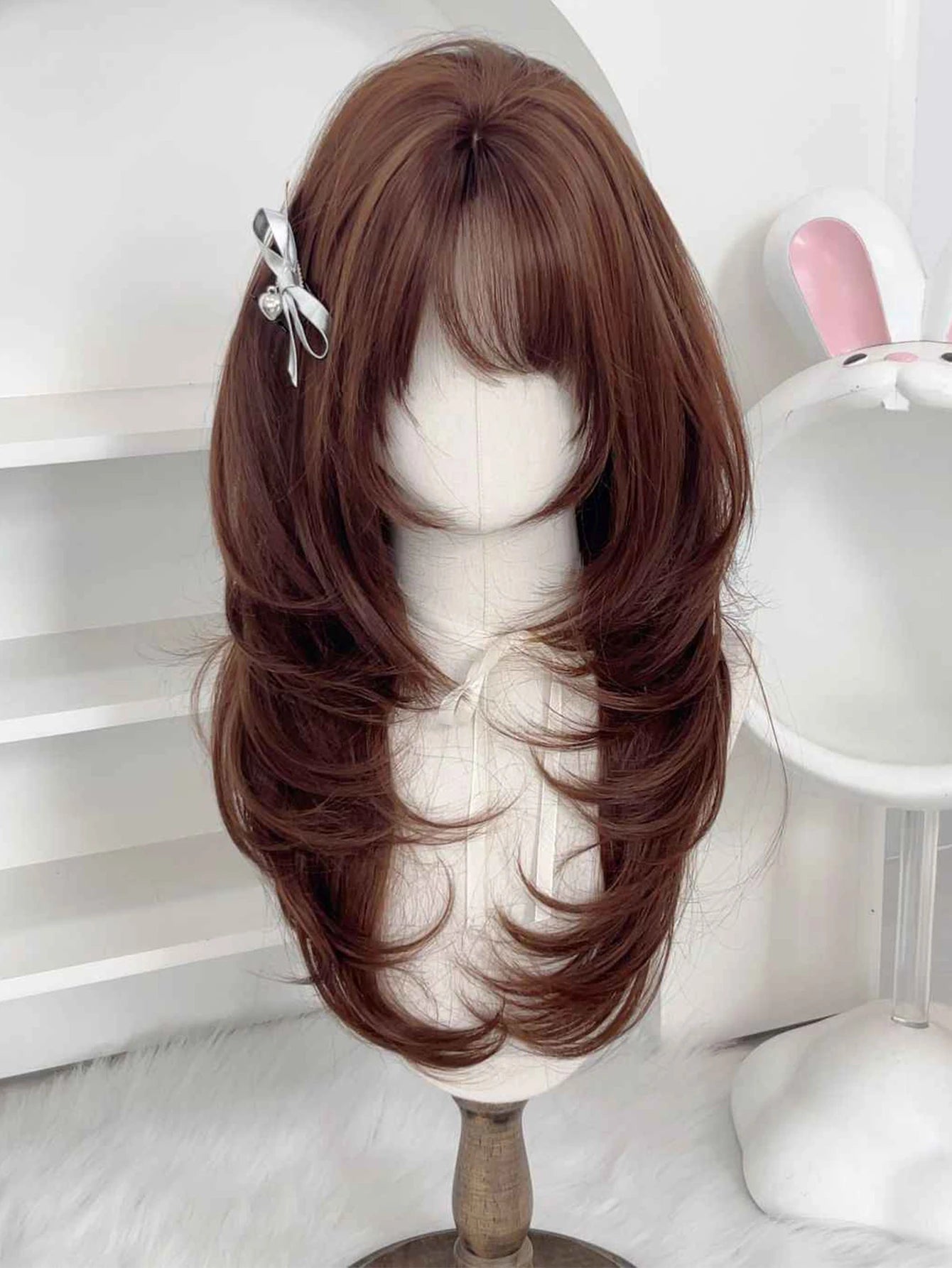 Synthetic Wig Long Straight Layered Wig Brown 26 Inch Wig With Bangs Daily Women Party Cosplay Wig Fashion Heat Resistant Wig