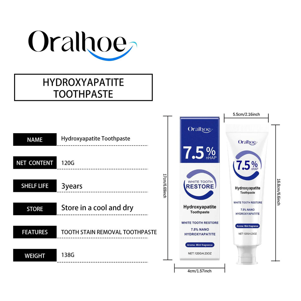 Oralhoe 120g Hydroxyapatite Toothpaste 7.5% Teeth Whitening Oral Hygiene Fresh Odor Clean Tartar Stain Tooth Brighten Toothpaste