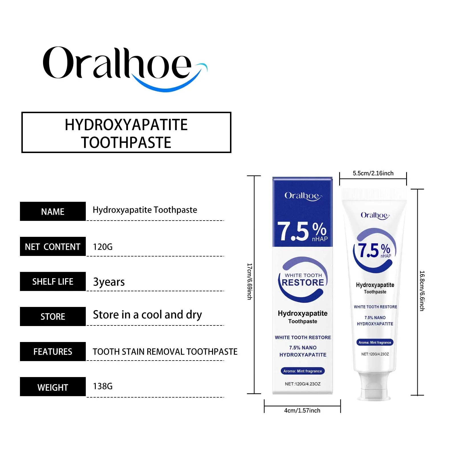 Oralhoe 120g Hydroxyapatite Toothpaste 7.5% Teeth Whitening Oral Hygiene Fresh Odor Clean Tartar Stain Tooth Brighten Toothpaste