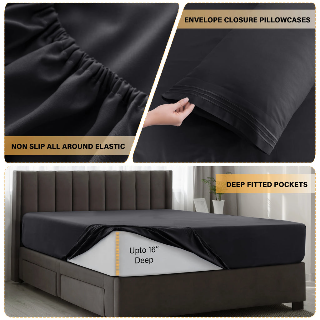 Lux Décor 6Pc Solid Sheet Set – Brushed Microfiber, 16" Deep Pockets, with Embroidered & Plain Pillowcases