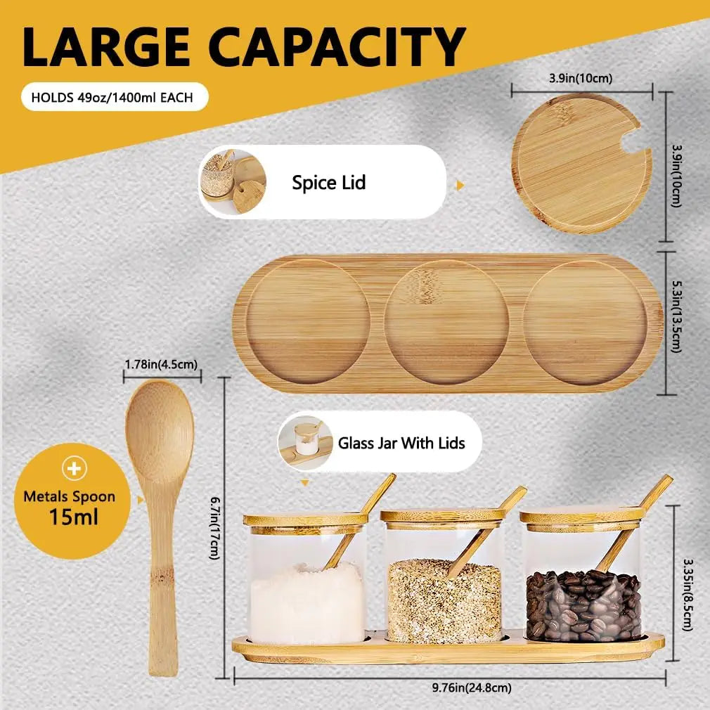 Condiment Containers with lids 3 pack Seasoning Box Condiment Pots Jars with Spoons Container for Spice Salt Sugar Cruet (bamboo