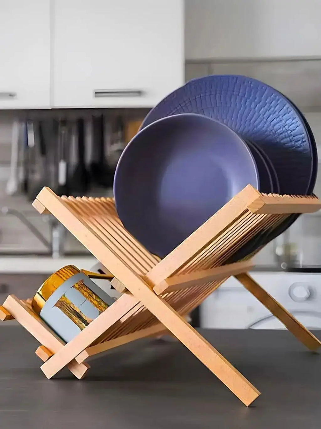 2-Tier Folding Dish Drainer Bamboo Practicality and Organization for Your Kitchen 34P X 42L X 25H Cm, Wood Color