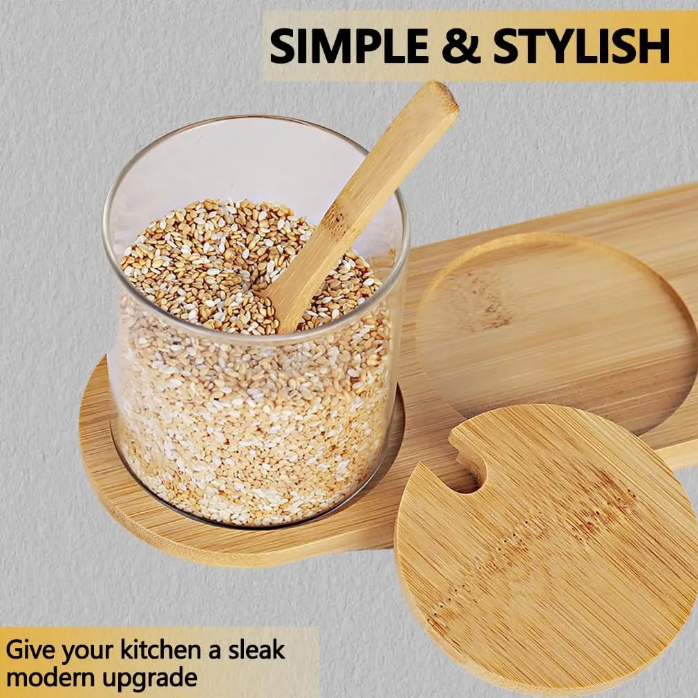 Condiment Containers with lids 3 pack Seasoning Box Condiment Pots Jars with Spoons Container for Spice Salt Sugar Cruet (bamboo