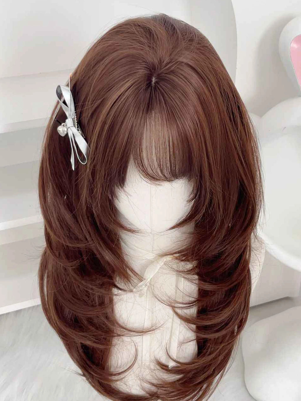 Synthetic Wig Long Straight Layered Wig Brown 26 Inch Wig With Bangs Daily Women Party Cosplay Wig Fashion Heat Resistant Wig