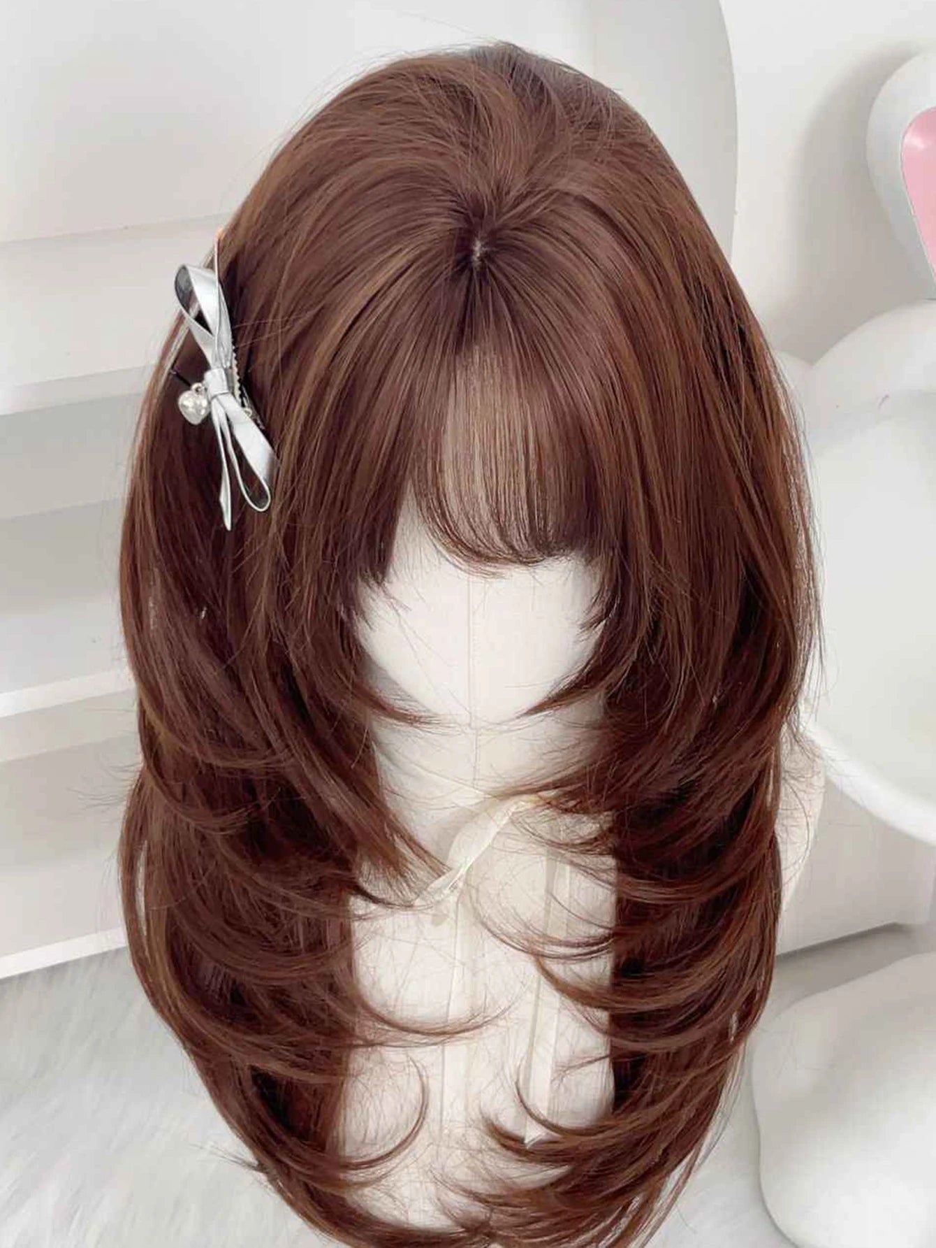 Synthetic Wig Long Straight Layered Wig Brown 26 Inch Wig With Bangs Daily Women Party Cosplay Wig Fashion Heat Resistant Wig