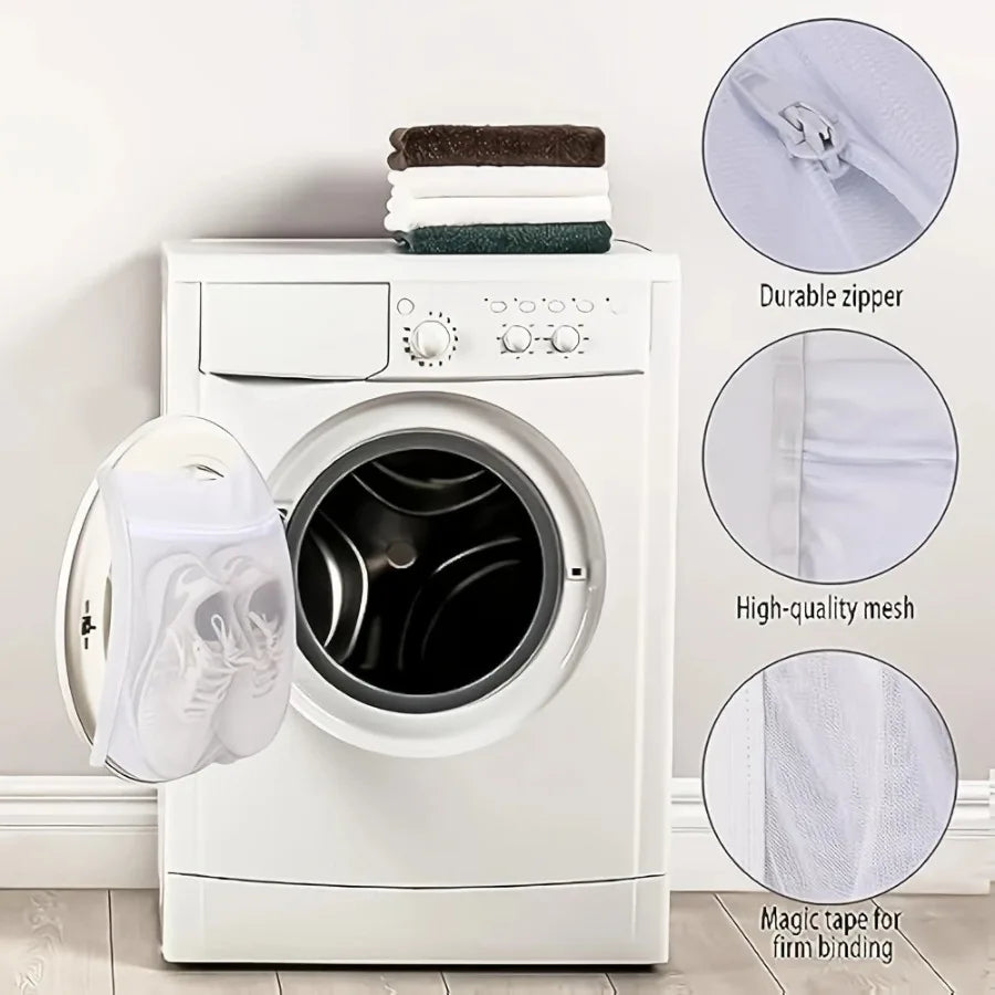 2 Piece White Shoe Wash Bag, Reusable, with Zipper and Strap, Suitable for Shoes, Clothing, and Protection From Damage