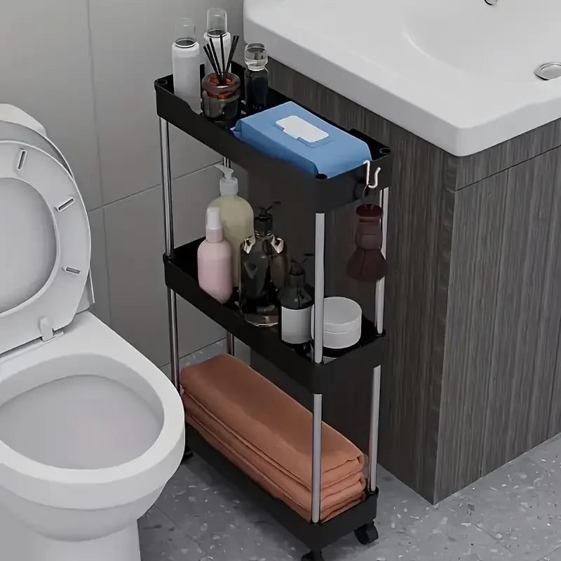 3-layer Ultra-thin Rolling Storage Cart Multi-function Storage Rack With Sliding Shelves Kitchen Bathroom Floor Mounted