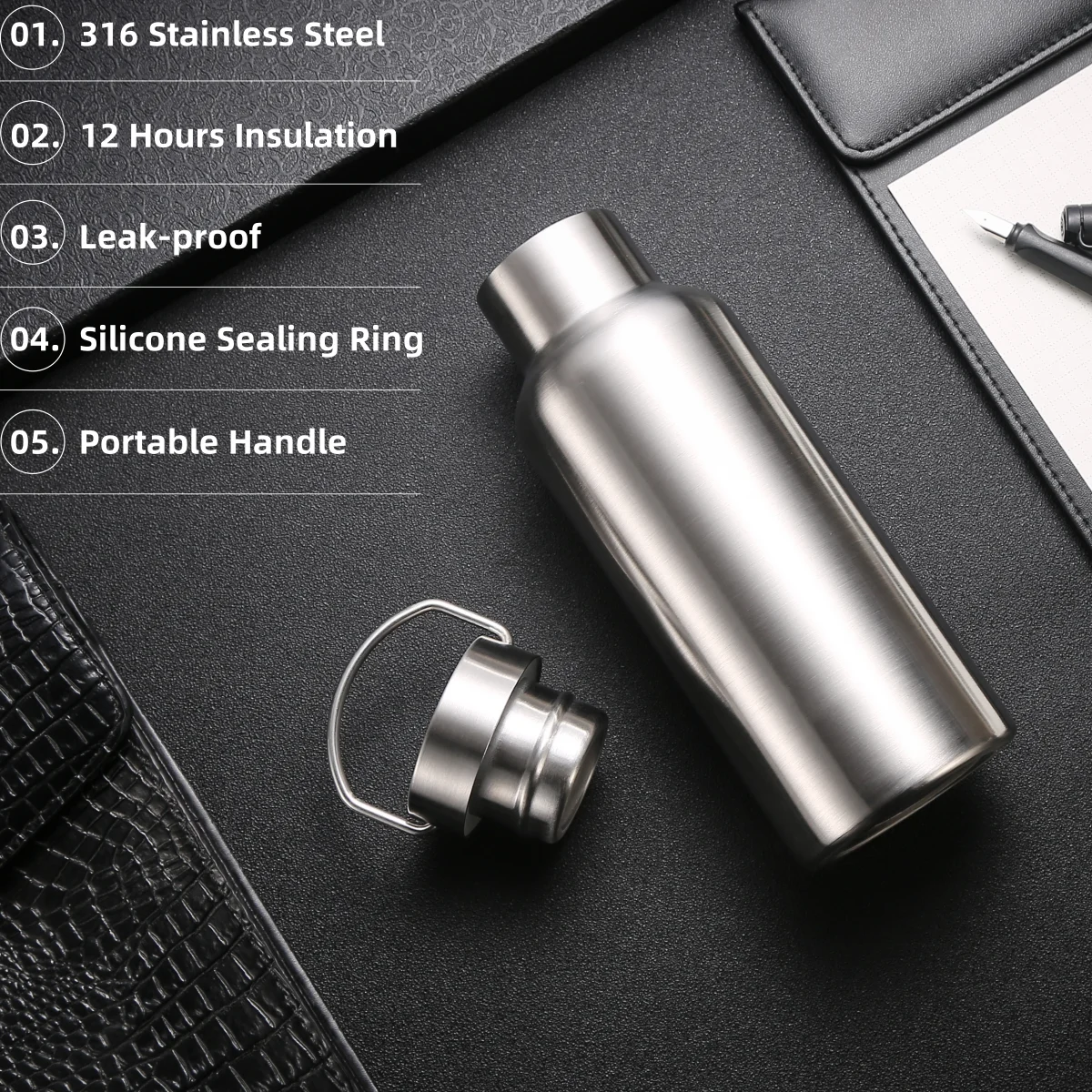 Stainless Steel Thermos Water Bottle Leak-proof Double Wall Large Capacity Wide Mouth Sports Water Bottles For Cycling