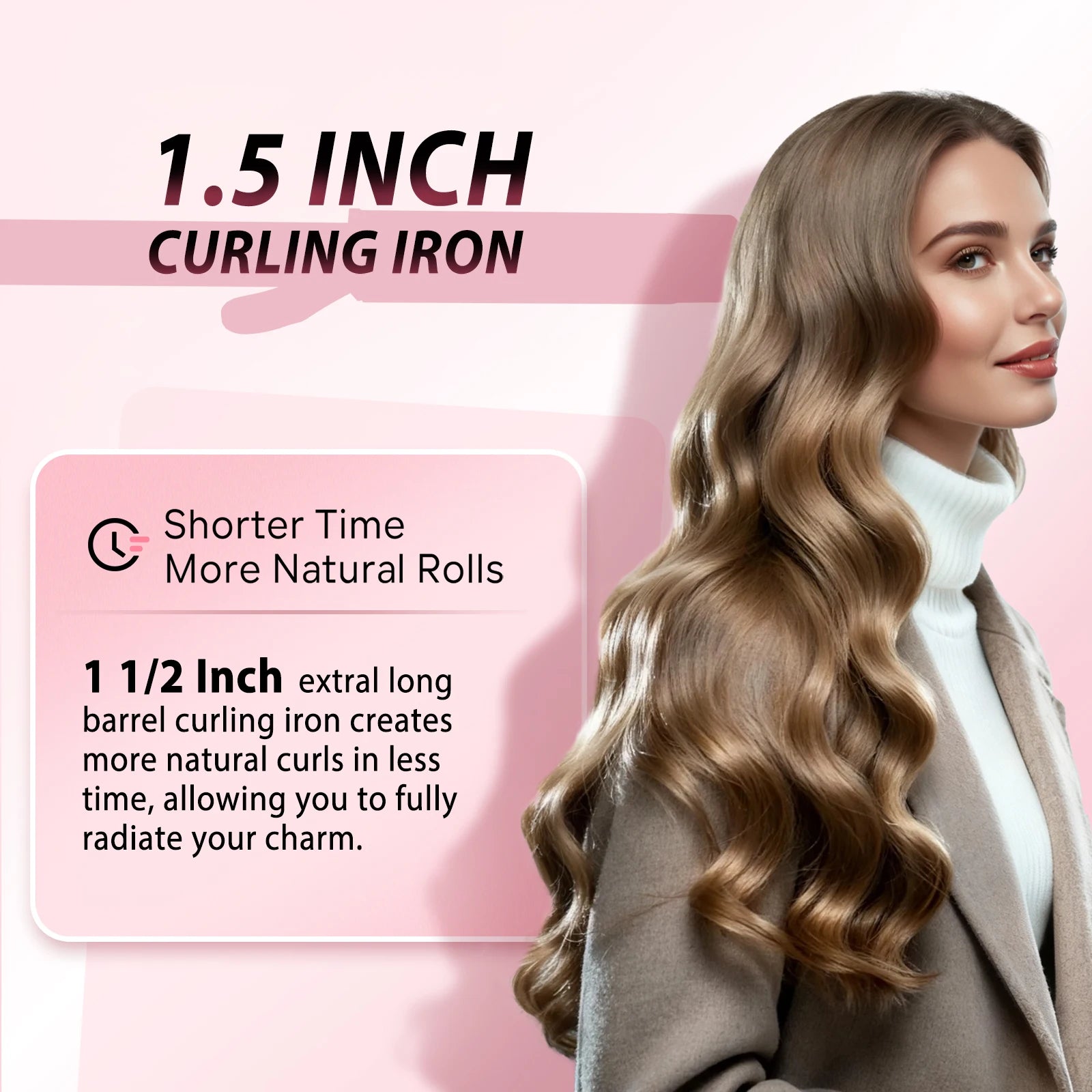 1.5 Inch Extra Long Barrel Curling Iron for Long Hair, Big Loose Curls & Beach Waves, Anti-Slip Ceramic Wand, 40M Negative Ions,