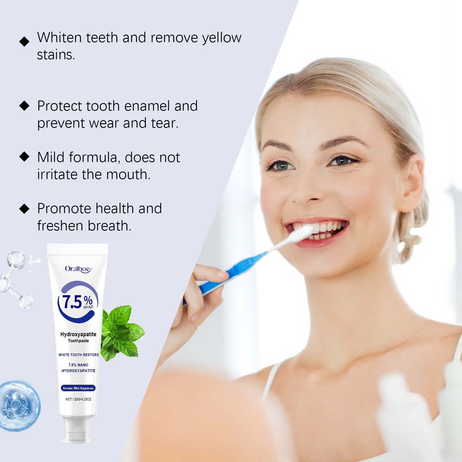 Oralhoe 120g Hydroxyapatite Toothpaste 7.5% Teeth Whitening Oral Hygiene Fresh Odor Clean Tartar Stain Tooth Brighten Toothpaste