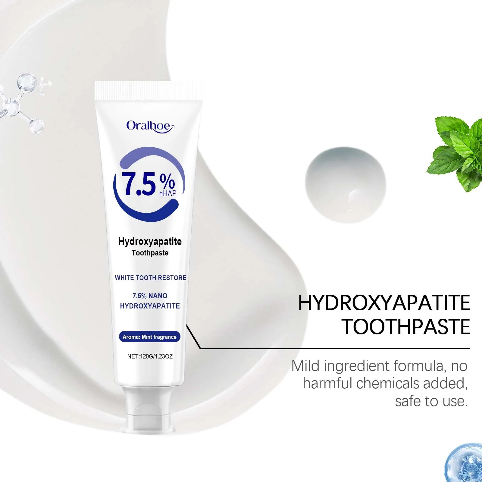 Oralhoe 120g Hydroxyapatite Toothpaste 7.5% Teeth Whitening Oral Hygiene Fresh Odor Clean Tartar Stain Tooth Brighten Toothpaste