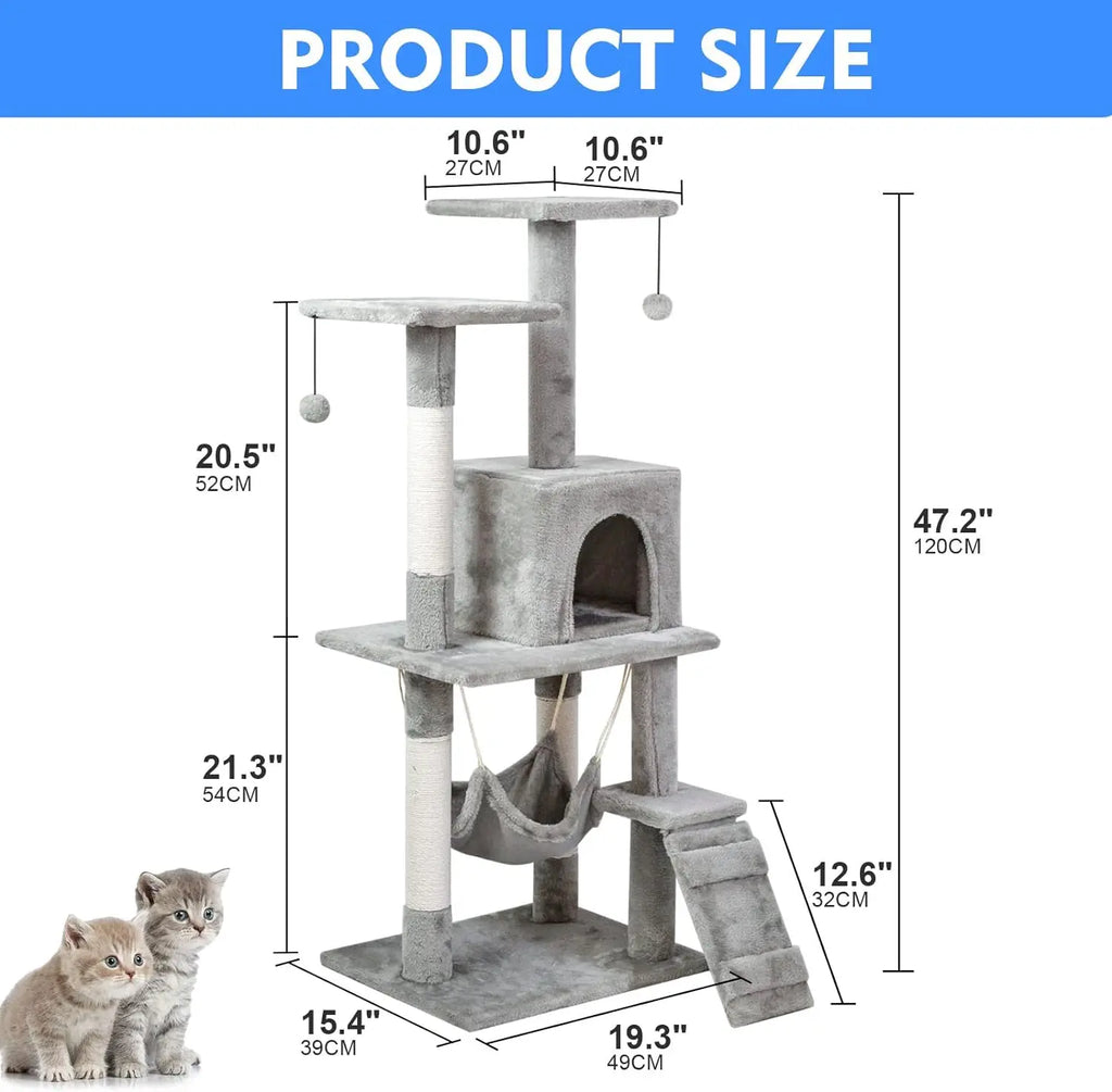 Cat Tree Tower，Cat Condo with Sisal Scratching Post,Activity Centre Cat Climbing Tree with Cat House Grey 120cm