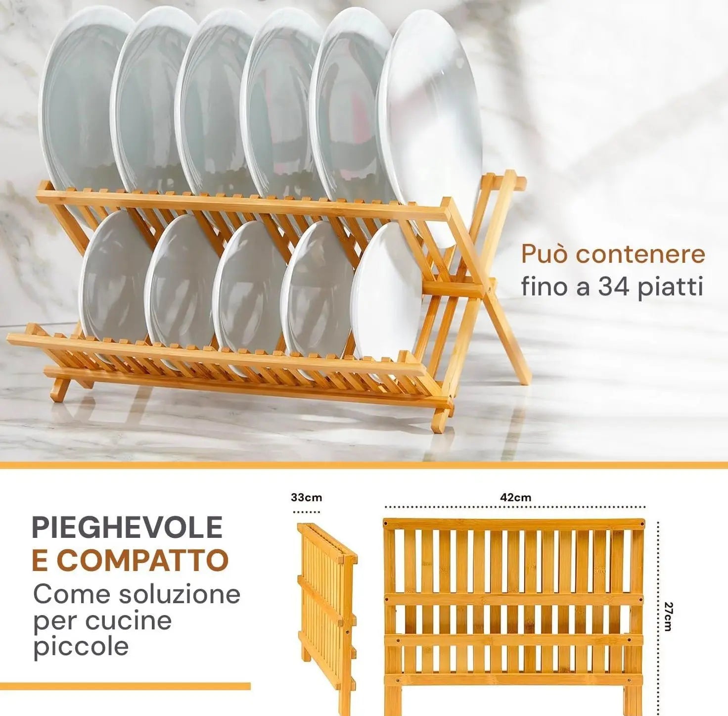 2-Tier Folding Dish Drainer Bamboo Practicality and Organization for Your Kitchen 34P X 42L X 25H Cm, Wood Color