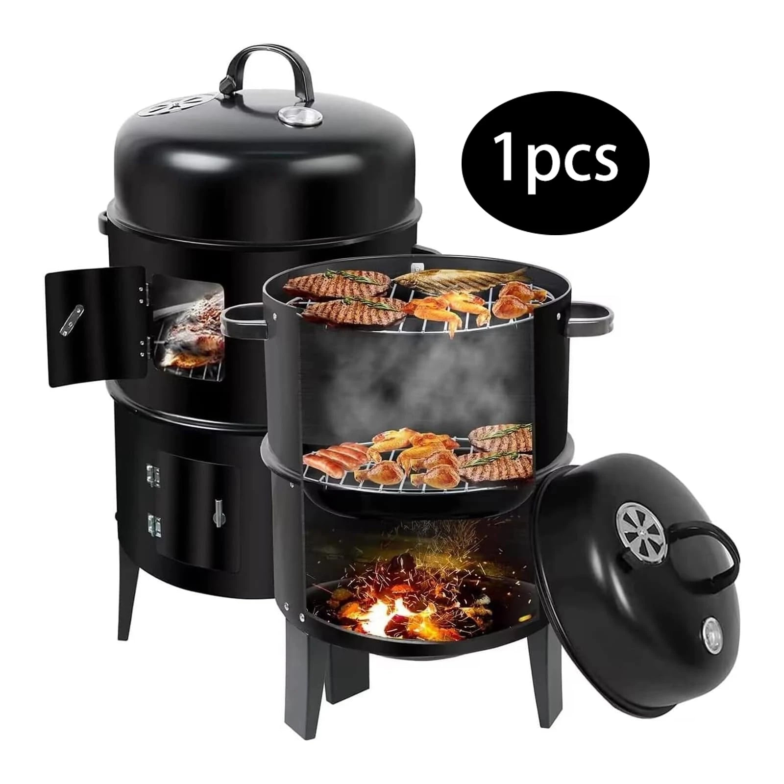 3 in 1 Vertical BBQ Grill Fire Pit Portable Multipurpose Charcoal Grill with Built-in Thermometer for Party Outdoor Camp Cooking