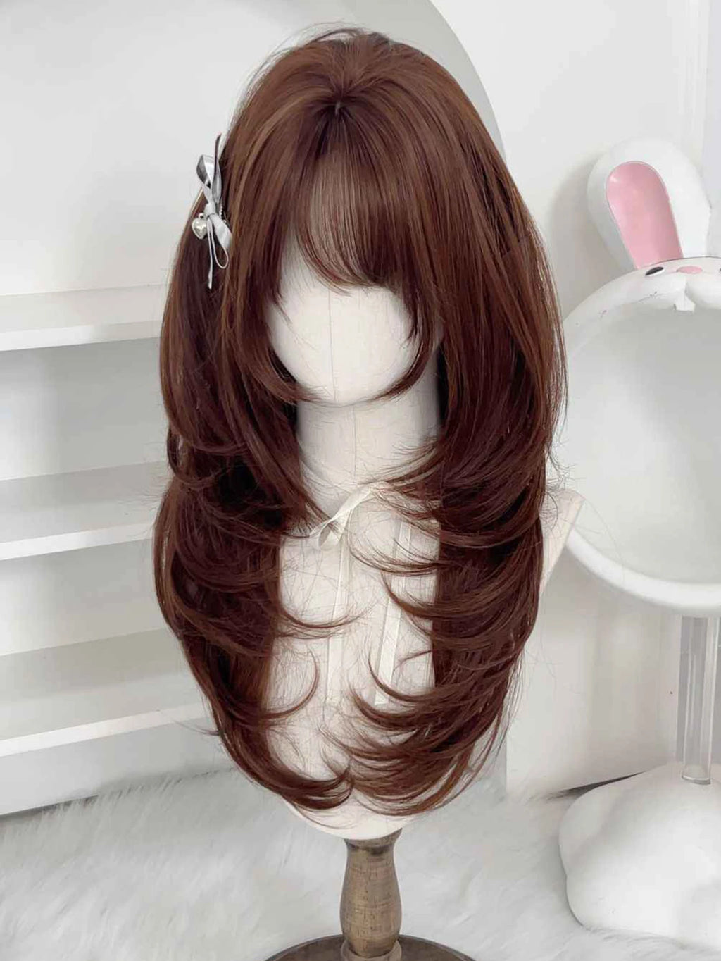 Synthetic Wig Long Straight Layered Wig Brown 26 Inch Wig With Bangs Daily Women Party Cosplay Wig Fashion Heat Resistant Wig
