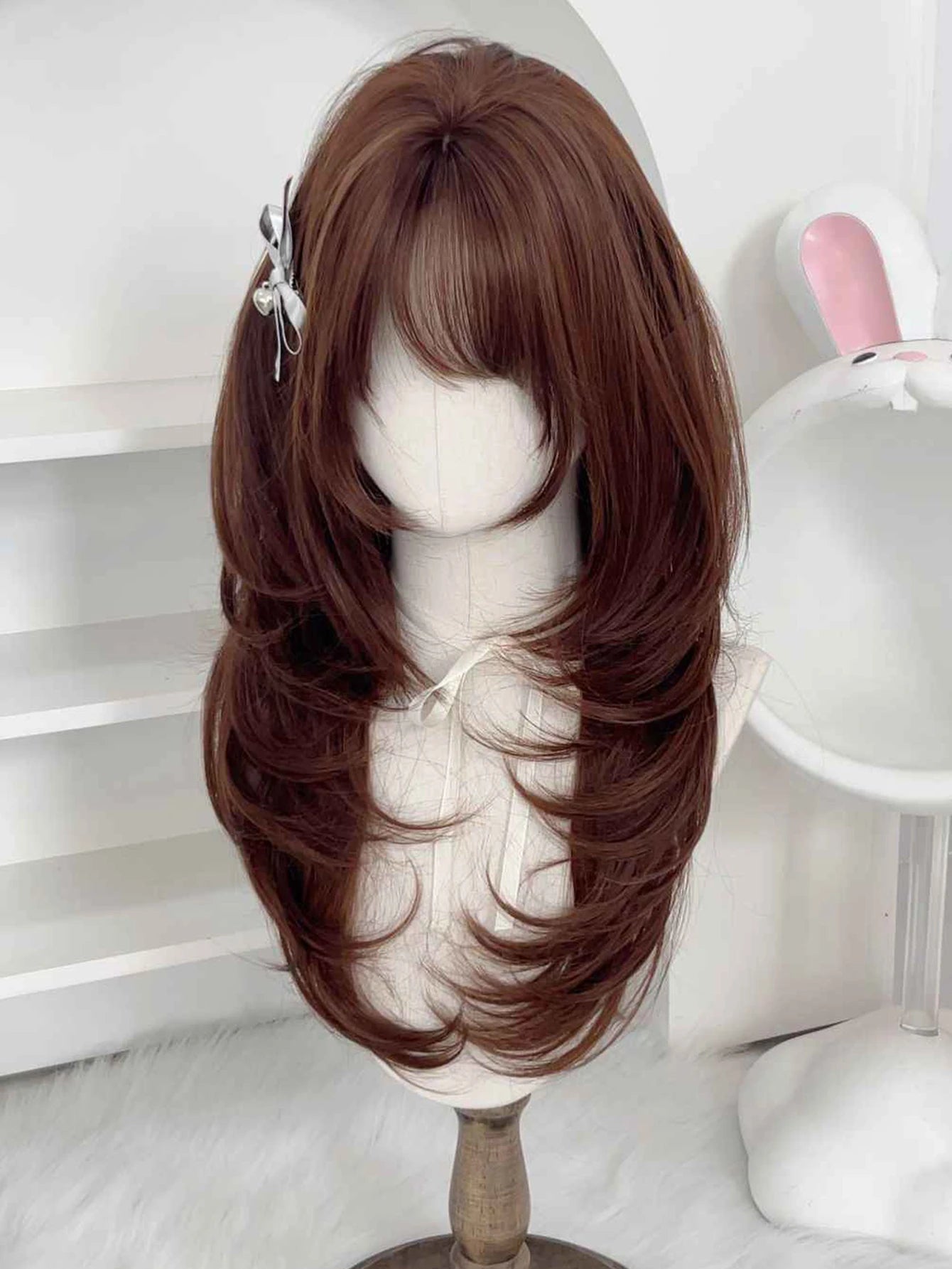 Synthetic Wig Long Straight Layered Wig Brown 26 Inch Wig With Bangs Daily Women Party Cosplay Wig Fashion Heat Resistant Wig