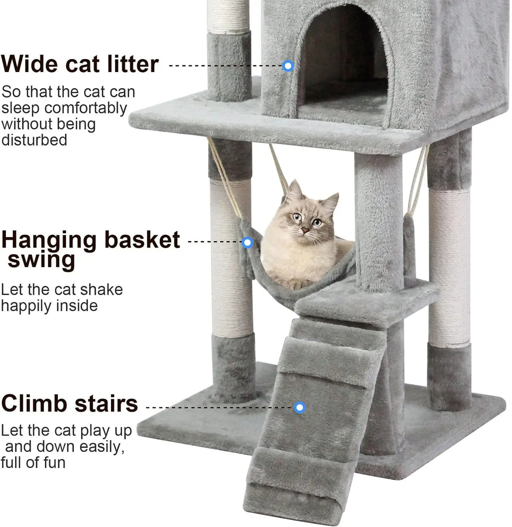 Cat Tree Tower，Cat Condo with Sisal Scratching Post,Activity Centre Cat Climbing Tree with Cat House Grey 120cm