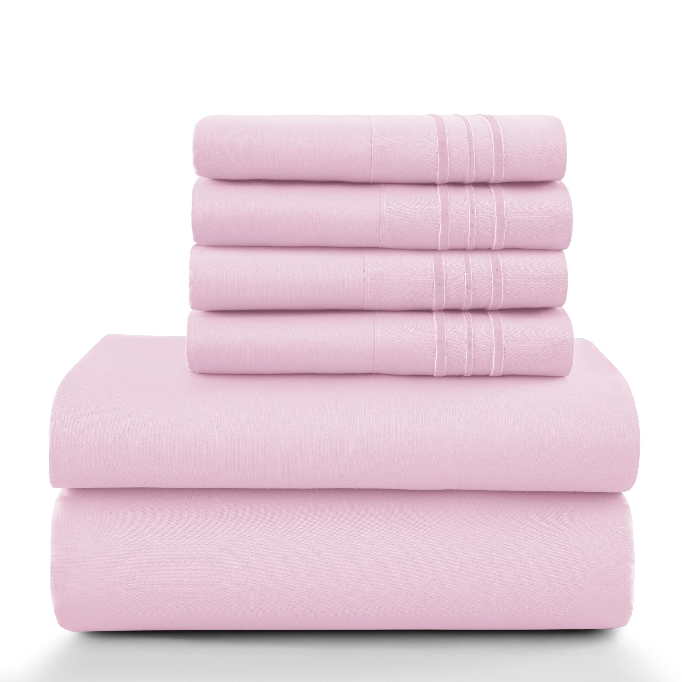 Lux Décor 6Pc Solid Sheet Set – Brushed Microfiber, 16" Deep Pockets, with Embroidered & Plain Pillowcases
