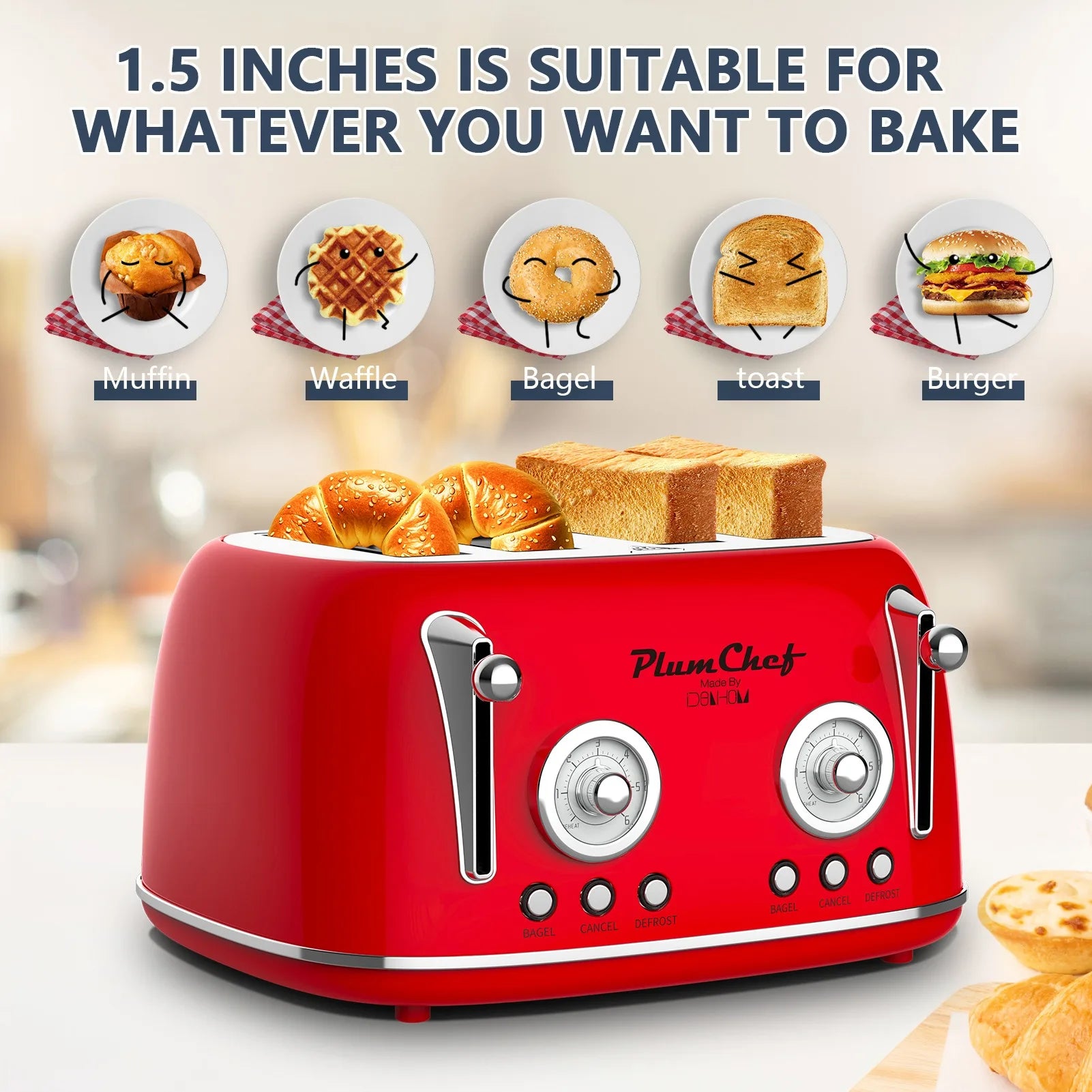 Plum Chef 4 Slice Retro Style Toaster Dual Control -Red