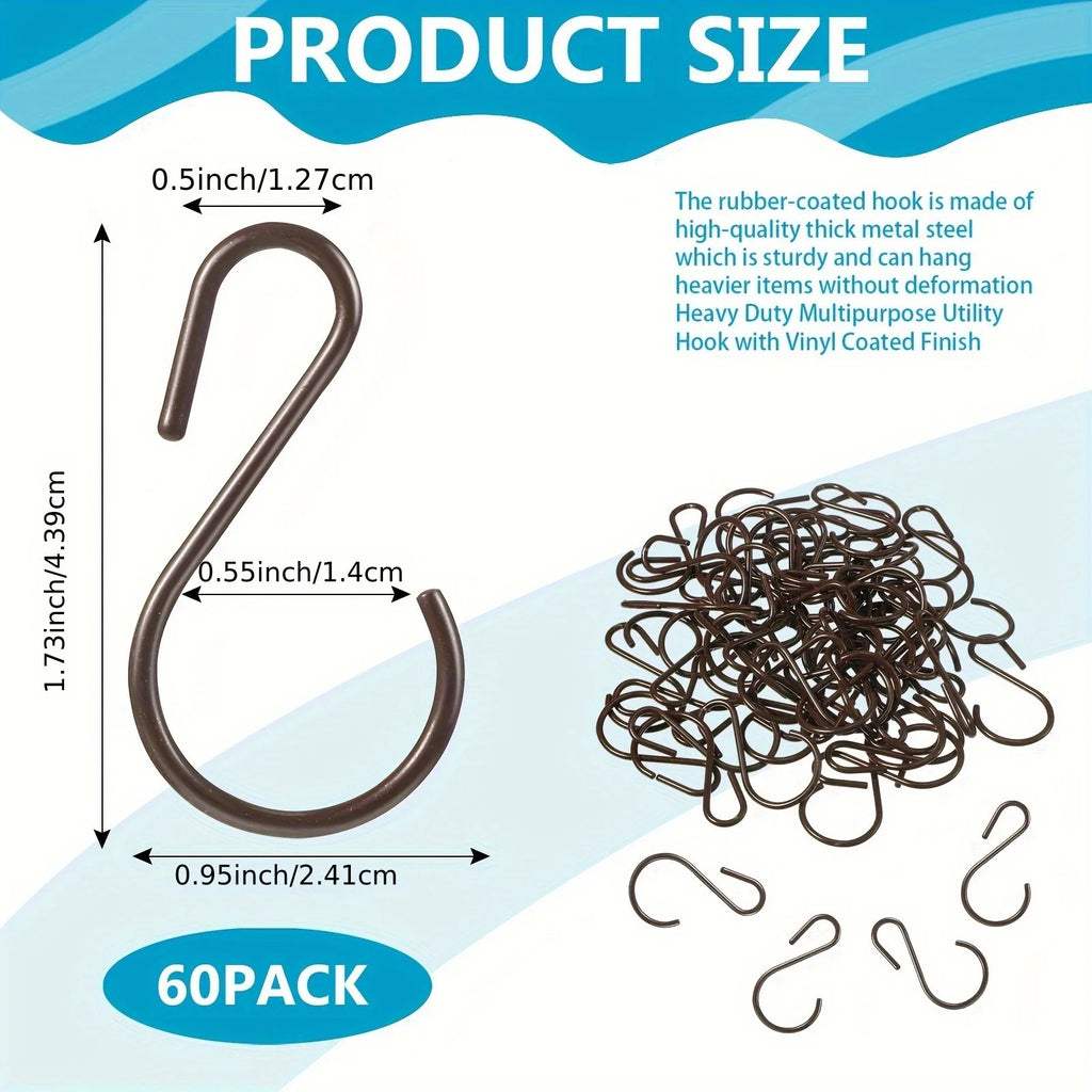60 heavy-duty mini S hooks, 1.8" iron curled hooks for hanging plants, pots, mugs, clothing, towels, wardrobe, hanging rod