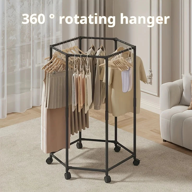 Hexagonal rotating clothes hanger, self-supporting vertical clothing hanger, suitable for laundry rooms and home storage to save