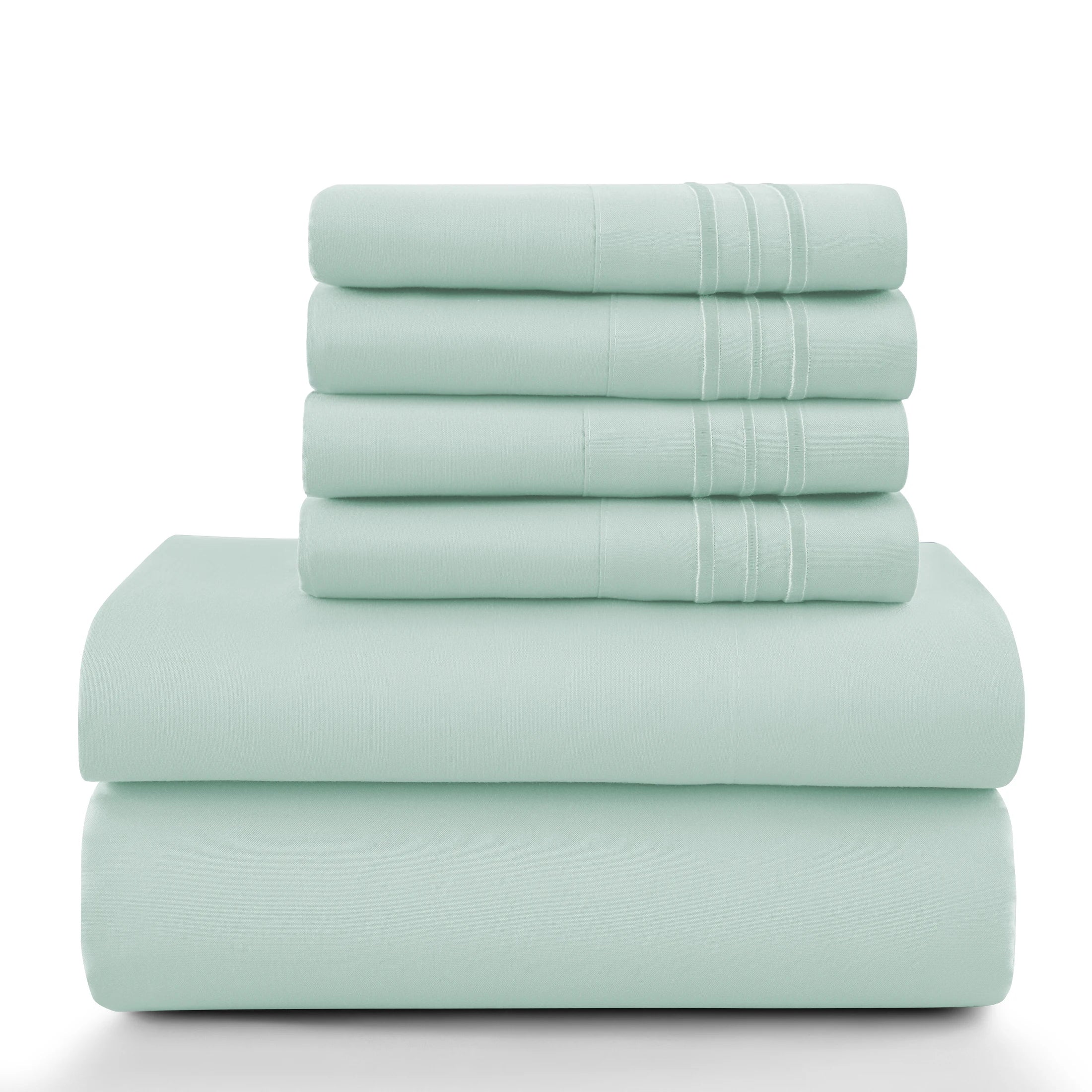 Lux Décor 6Pc Solid Sheet Set – Brushed Microfiber, 16" Deep Pockets, with Embroidered & Plain Pillowcases