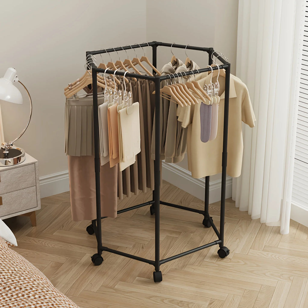 Hexagonal rotating clothes hanger, self-supporting vertical clothing hanger, suitable for laundry rooms and home storage to save