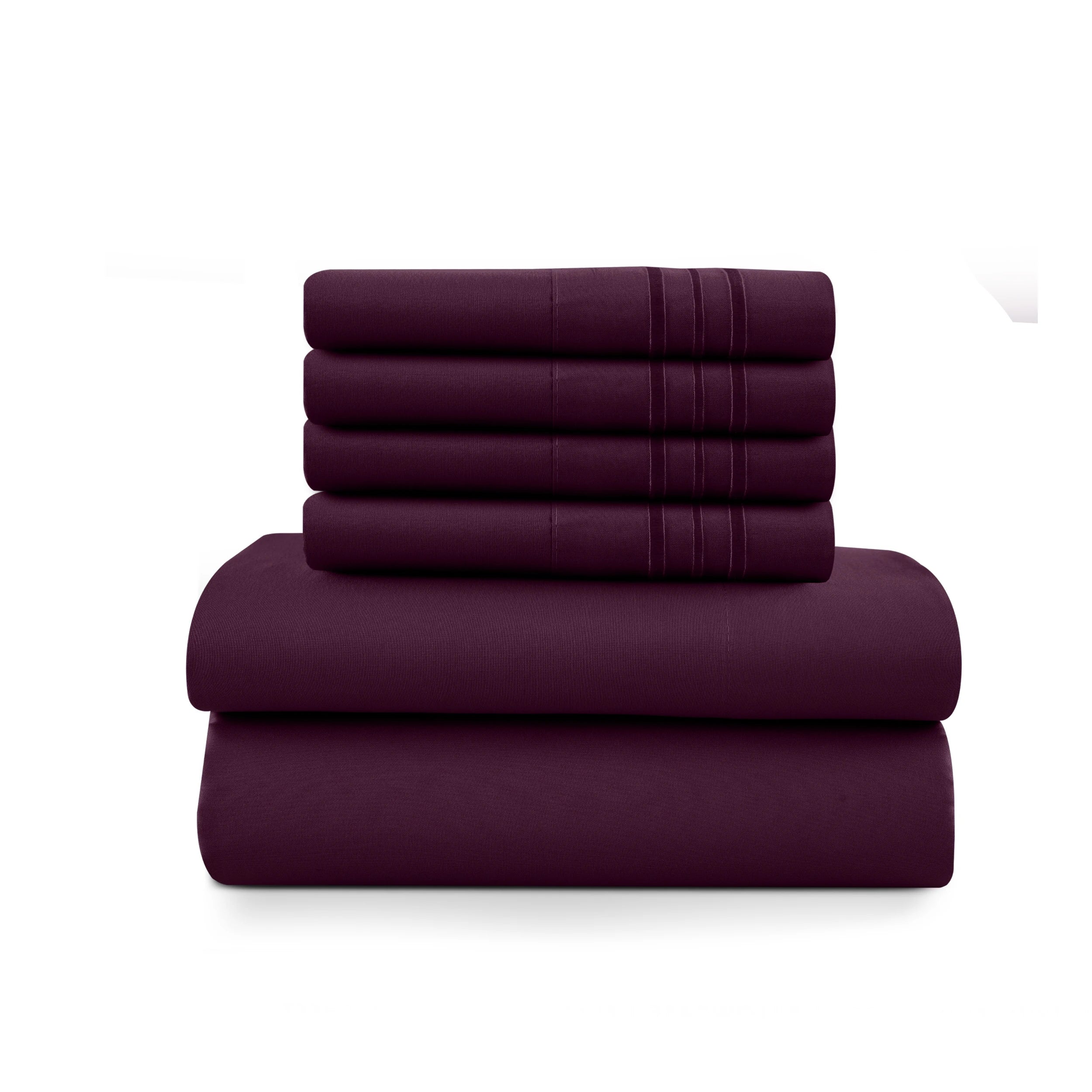 Lux Décor 6Pc Solid Sheet Set – Brushed Microfiber, 16" Deep Pockets, with Embroidered & Plain Pillowcases