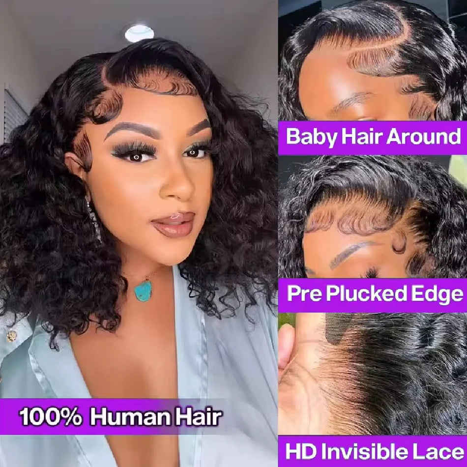 Luxury Curly Short Bob Wigs Human Hair Lace Front Wig for Black Women Water Wave Deep Curly 13X4 Hd Transparent Lace Frontal Wig