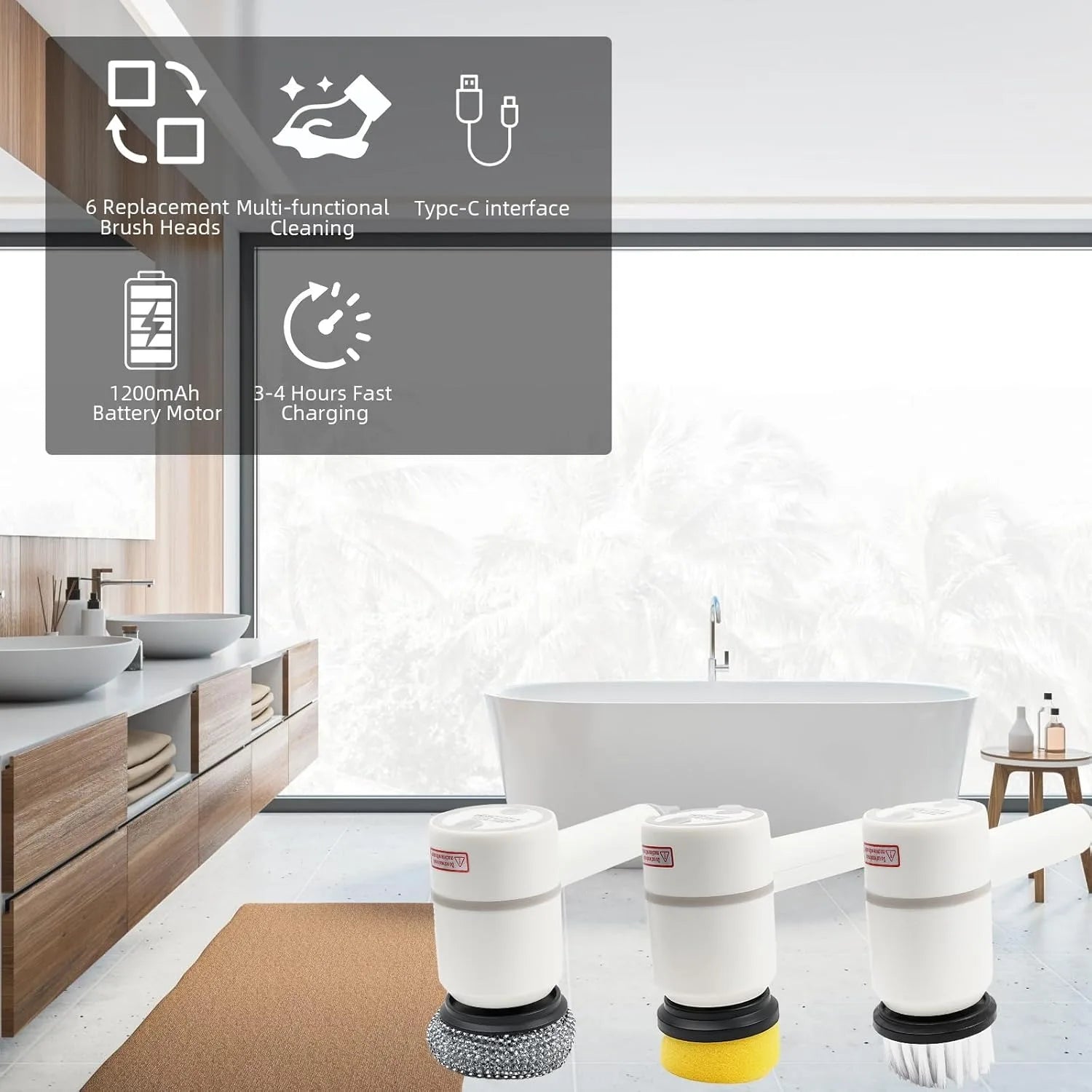 Electric Scrubber Wireless Rechargeable Cleaning Brush 360 Degree Rotating Power Scrubber with Replaceable Heads for Kitchen Bat