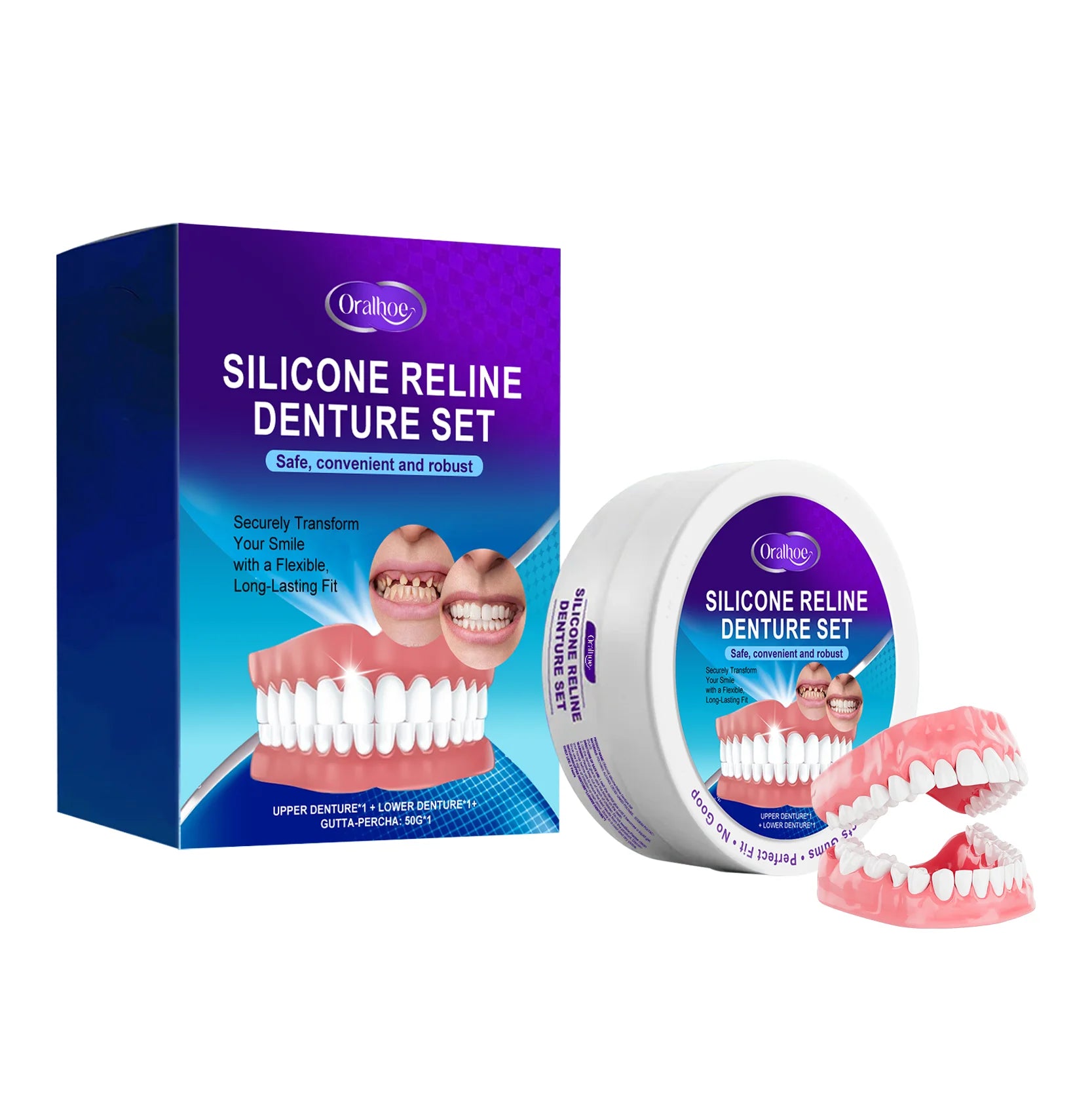 Oralhoe Silicone Reline Denture Set Filling Braces Upper and Lower Adjustable Dentures Veneers Comfortable Whitening False Teeth