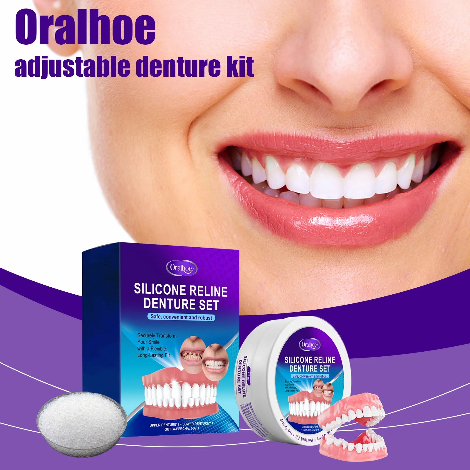 Oralhoe Silicone Reline Denture Set Filling Braces Upper and Lower Adjustable Dentures Veneers Comfortable Whitening False Teeth