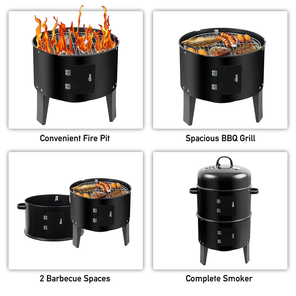 3 in 1 Vertical BBQ Grill Fire Pit Portable Multipurpose Charcoal Grill with Built-in Thermometer for Party Outdoor Camp Cooking