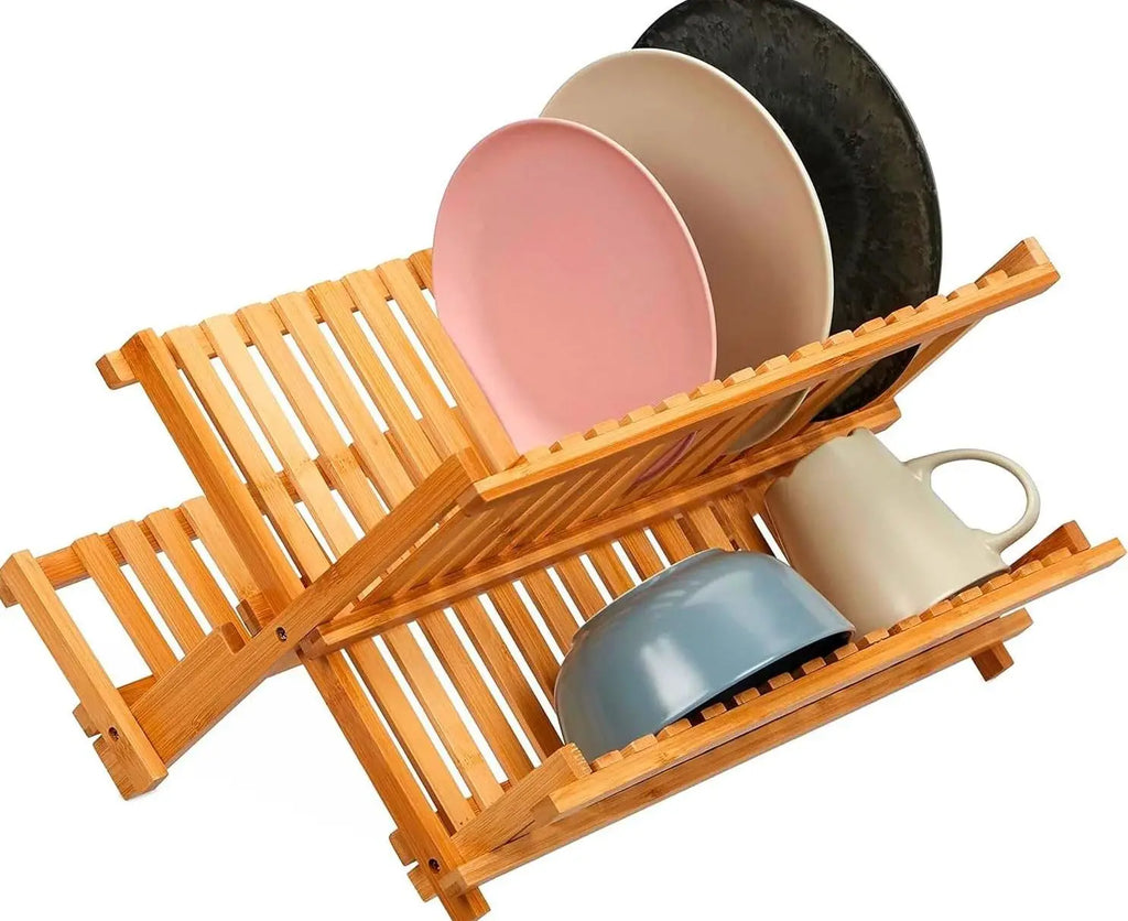 2-Tier Folding Dish Drainer Bamboo Practicality and Organization for Your Kitchen 34P X 42L X 25H Cm, Wood Color