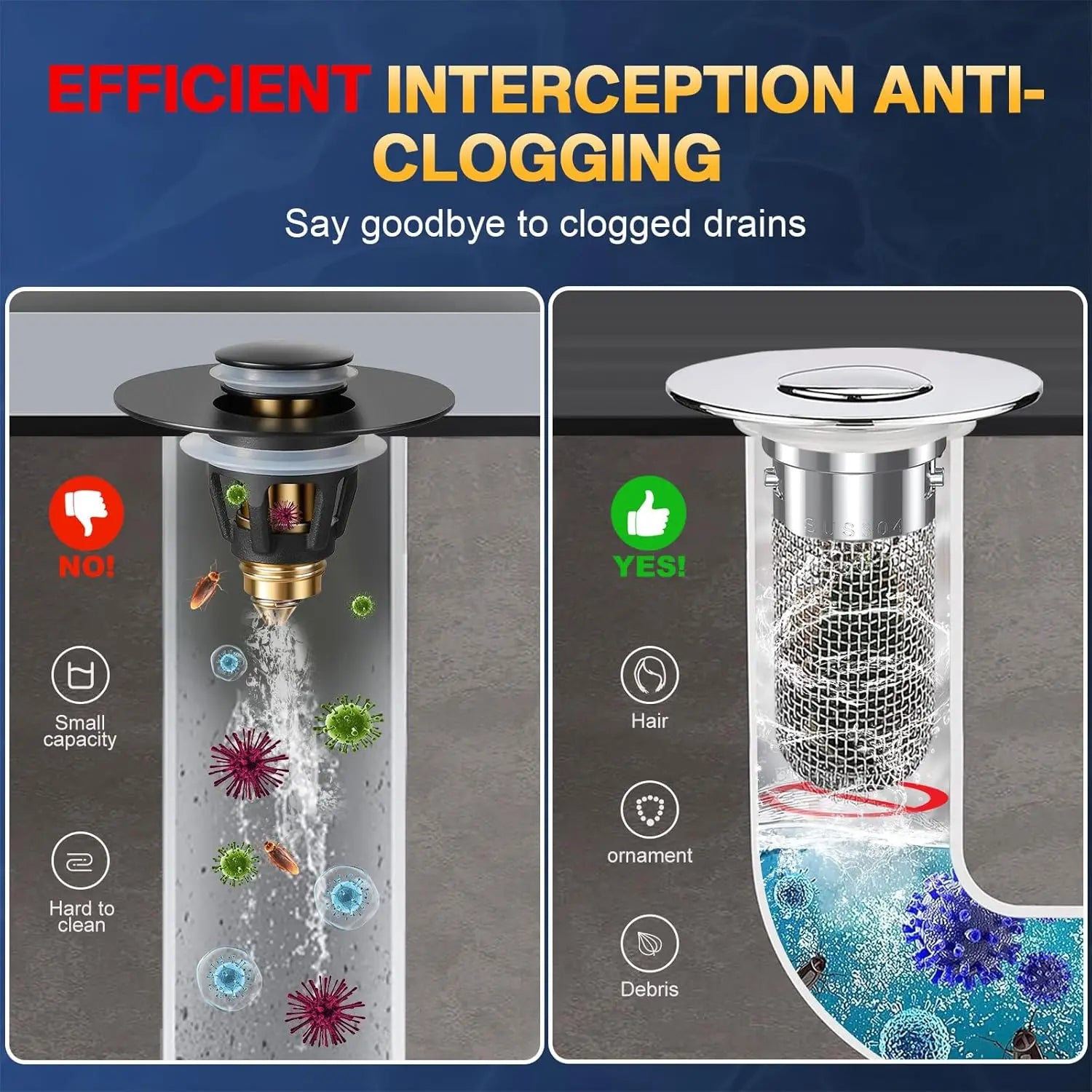 Bathroom Sink Drain Strainer - Pop-Up Filter with Removable Stainless Steel Hair Catcher & Drain Stopper for US Sink Replacement