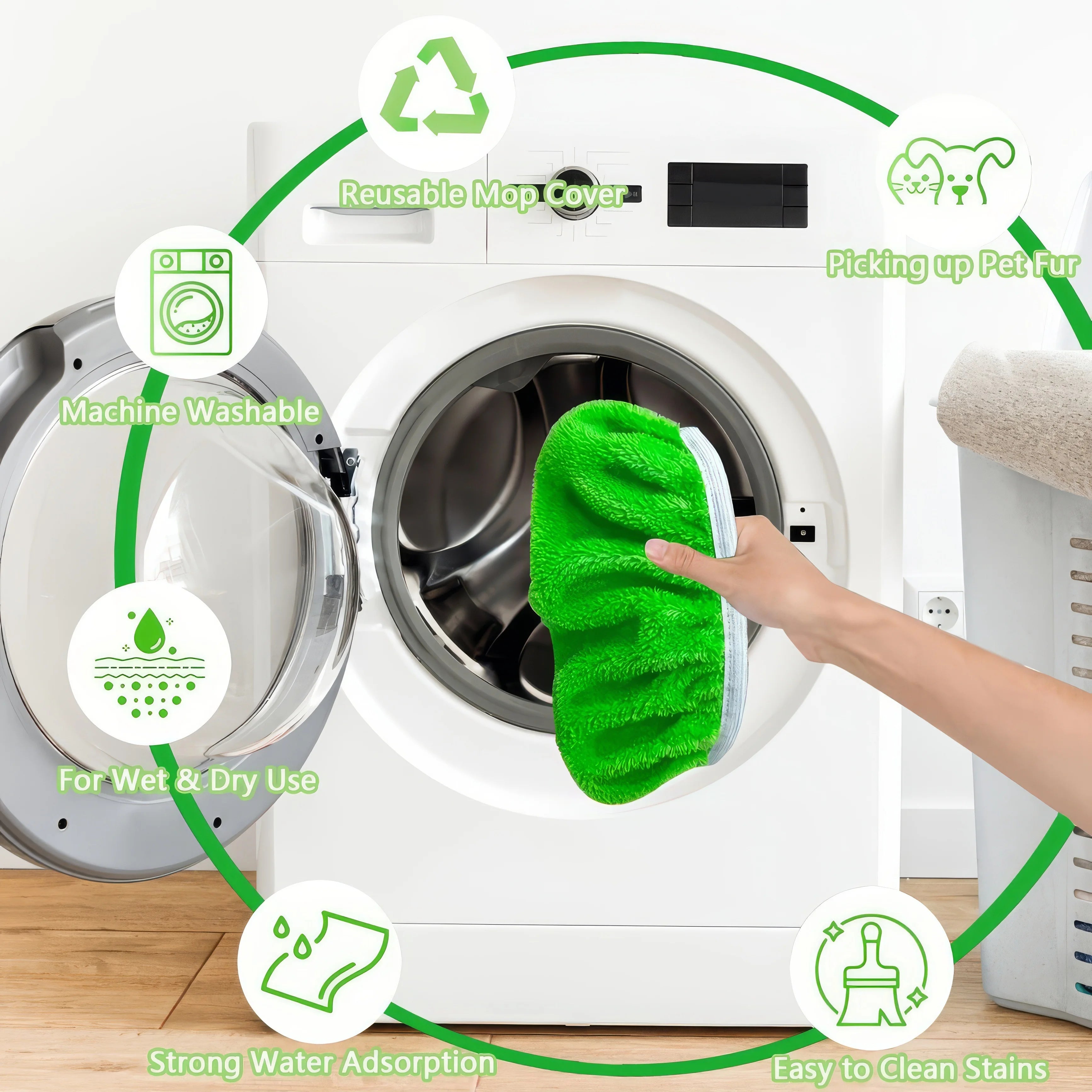 4 Green/white/gray Mop Cloths, Anti Mold and Easy To Clean, Highly Absorbent, Essential for Home Cleaning