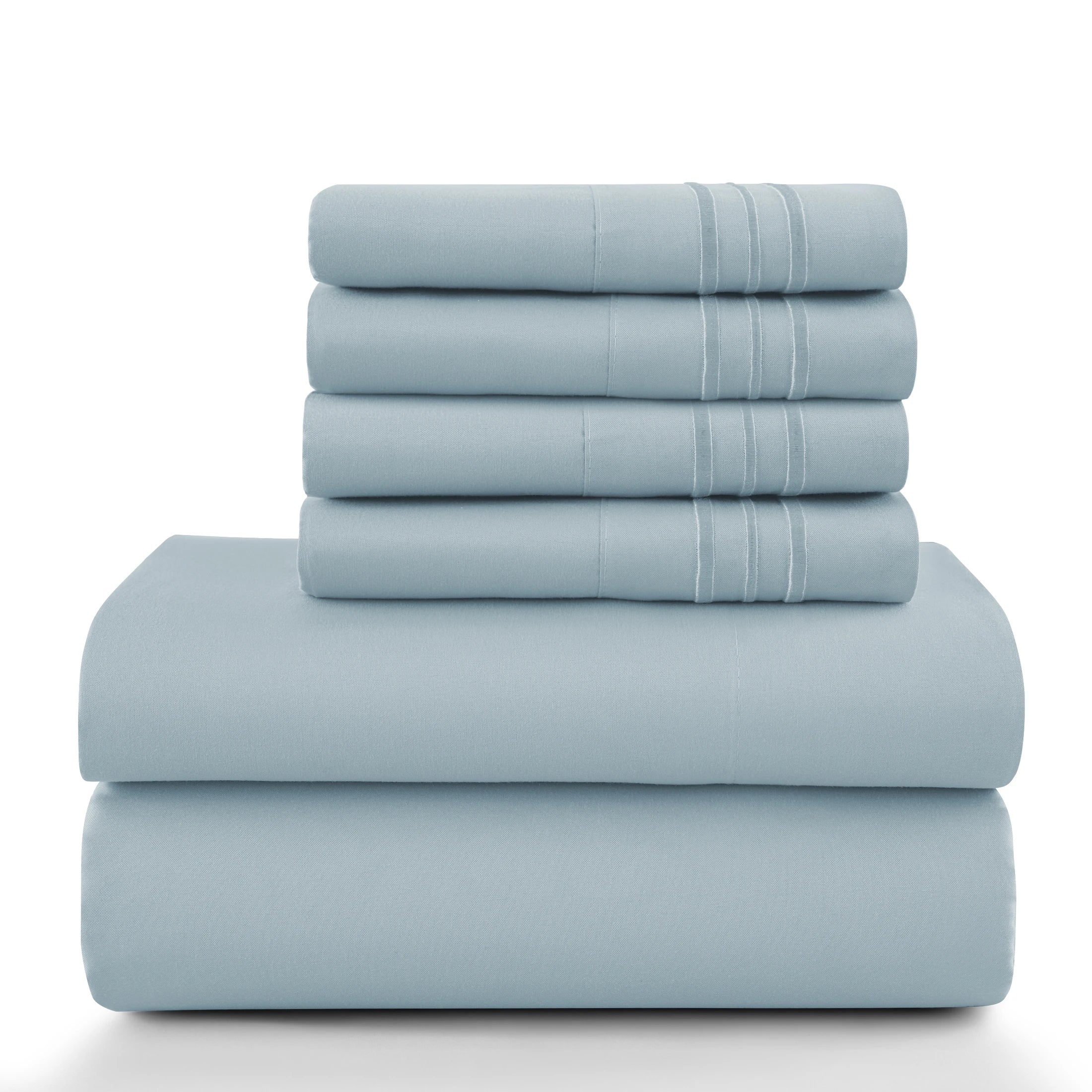 Lux Décor 6Pc Solid Sheet Set – Brushed Microfiber, 16" Deep Pockets, with Embroidered & Plain Pillowcases