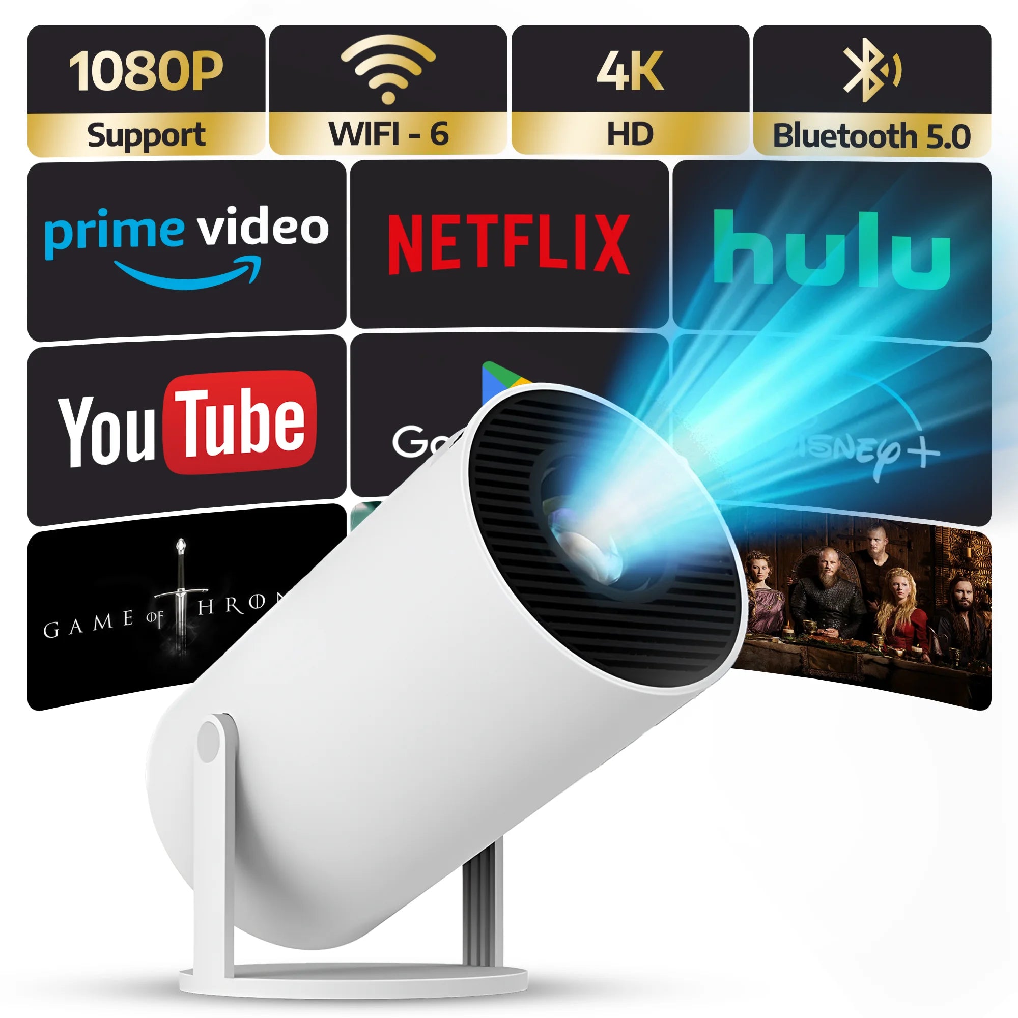 Upgraded Projector with WiFI 6 and Bluetooth Mini Portable Smart Video Theater 4K HD 1080P Suitable for Outdoor Home Android