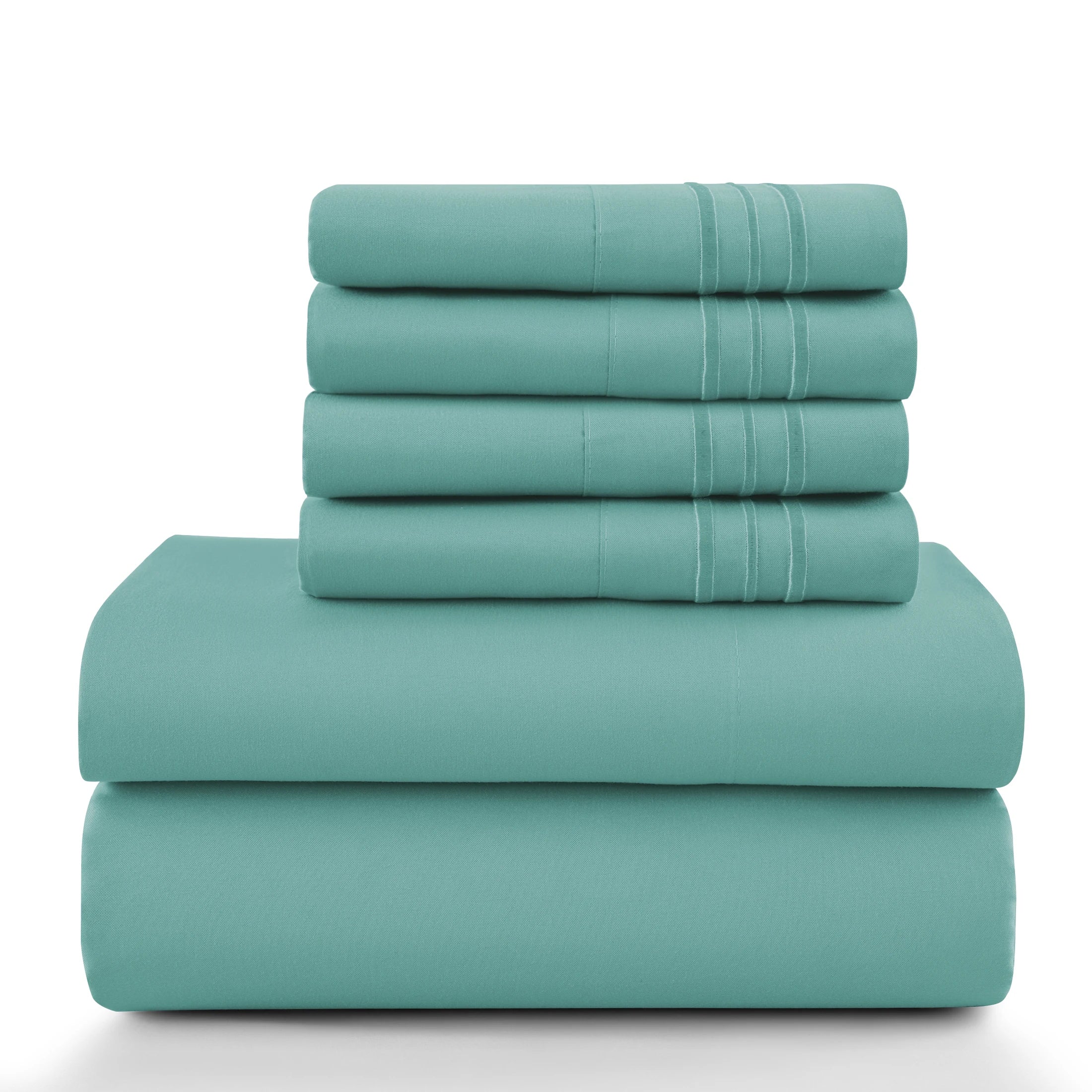 Lux Décor 6Pc Solid Sheet Set – Brushed Microfiber, 16" Deep Pockets, with Embroidered & Plain Pillowcases