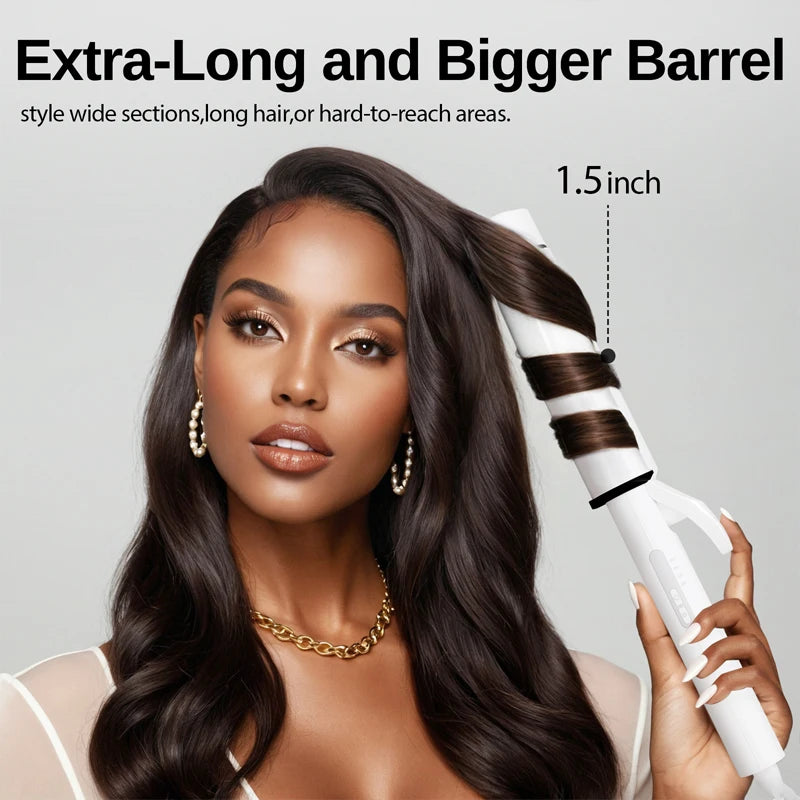 1.5 Inch Extra Large Curling Wand for Long Hair, Ceramic Tourmaline Barrel, 40M Negative Ions, Hair Curling Iron with 2 Clips &
