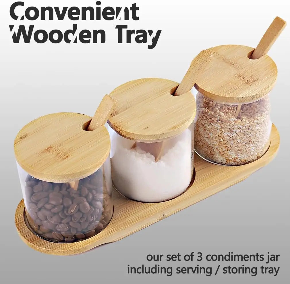 Condiment Containers with lids 3 pack Seasoning Box Condiment Pots Jars with Spoons Container for Spice Salt Sugar Cruet (bamboo