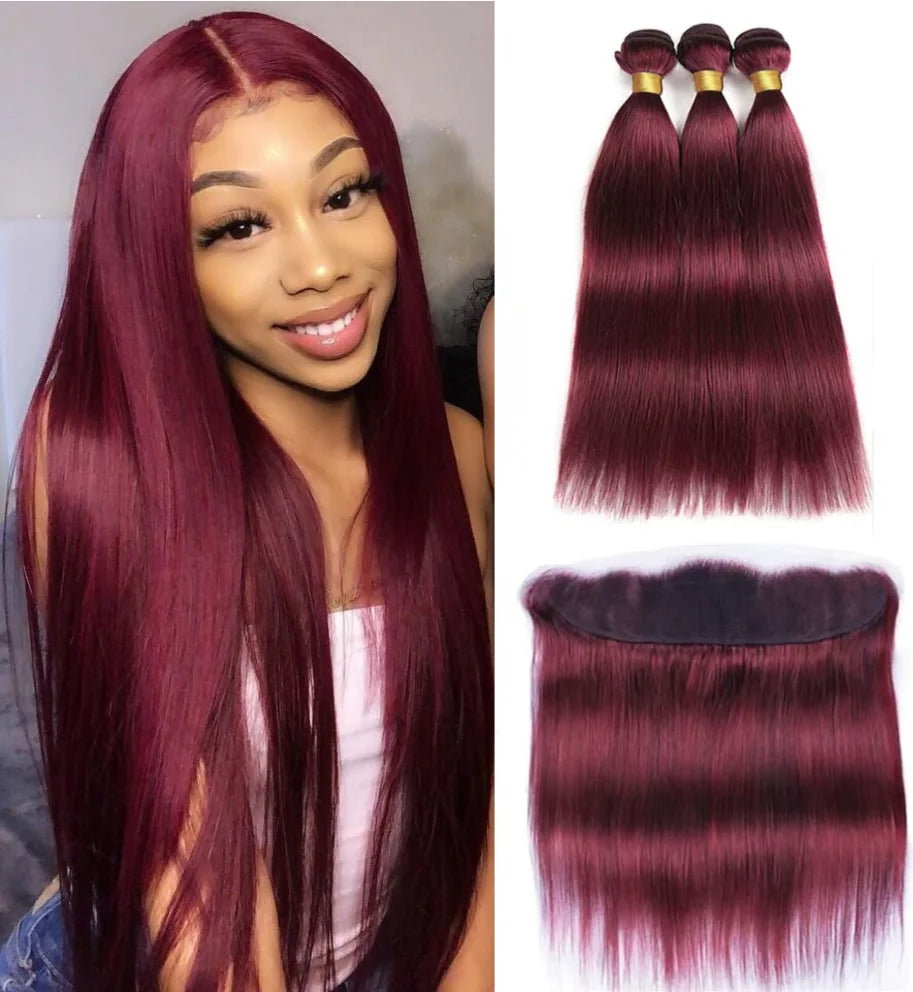 100% Human Hair Burgundy 99J Straight Bundles with Frontal 13x4 Brazilian Hair Weaving 3Pcs Bundles with Closure Raw Human Hair